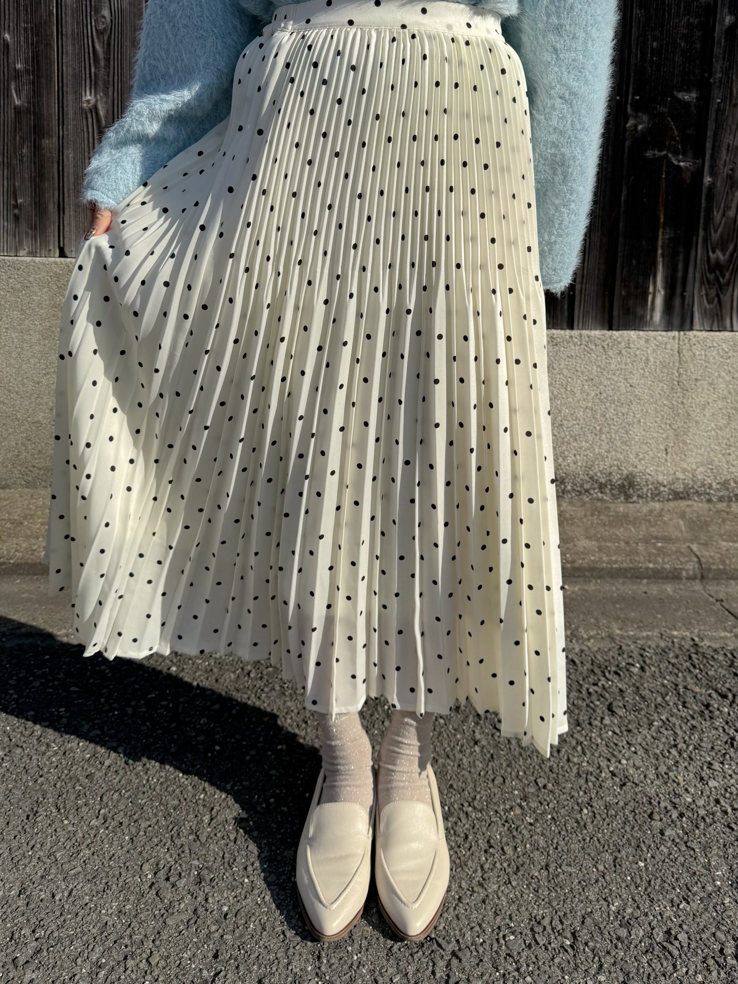 2色•百褶波點雪紡長款半身裙