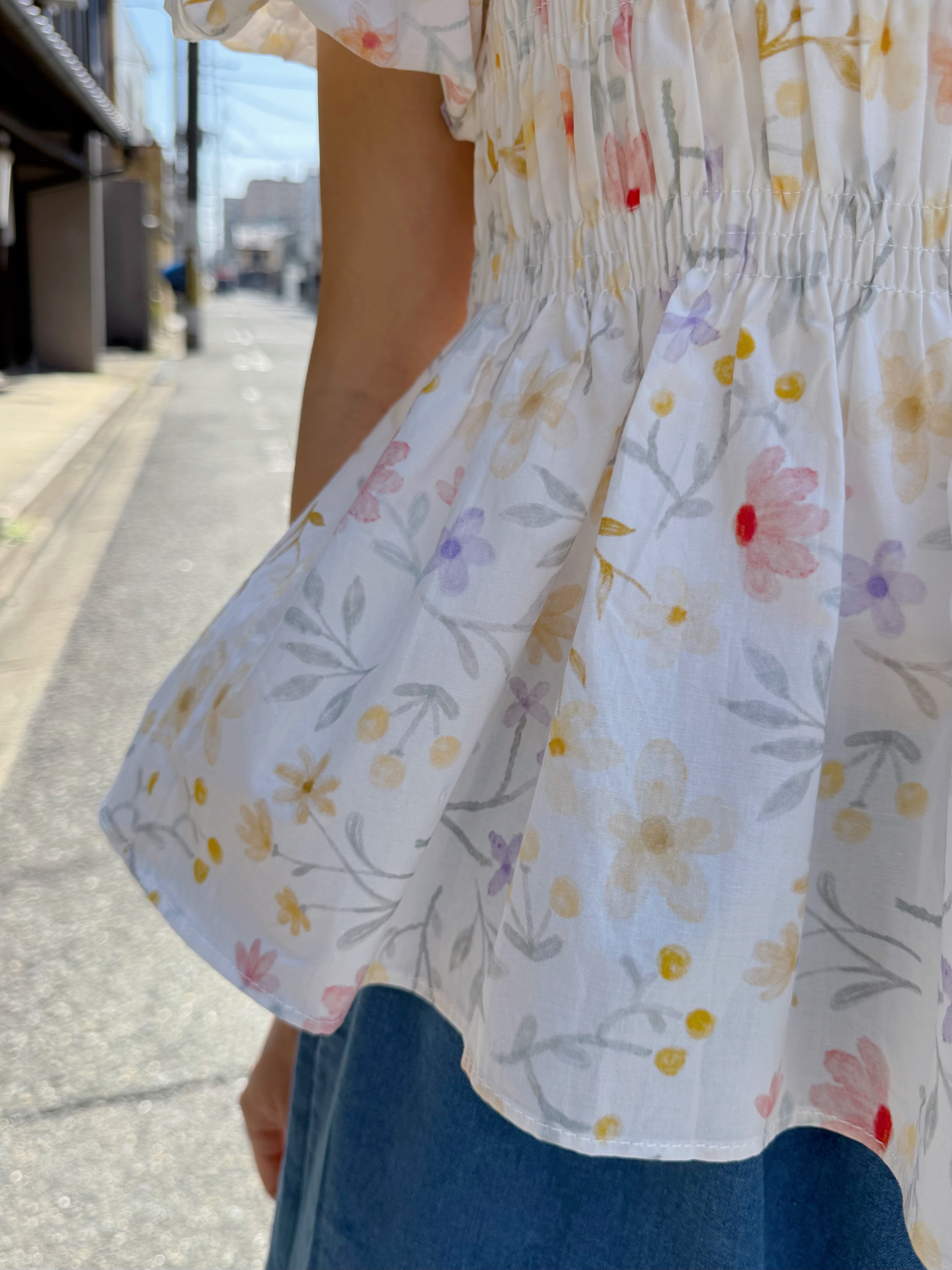 暖色系花柄方領摺摺全綿上衣