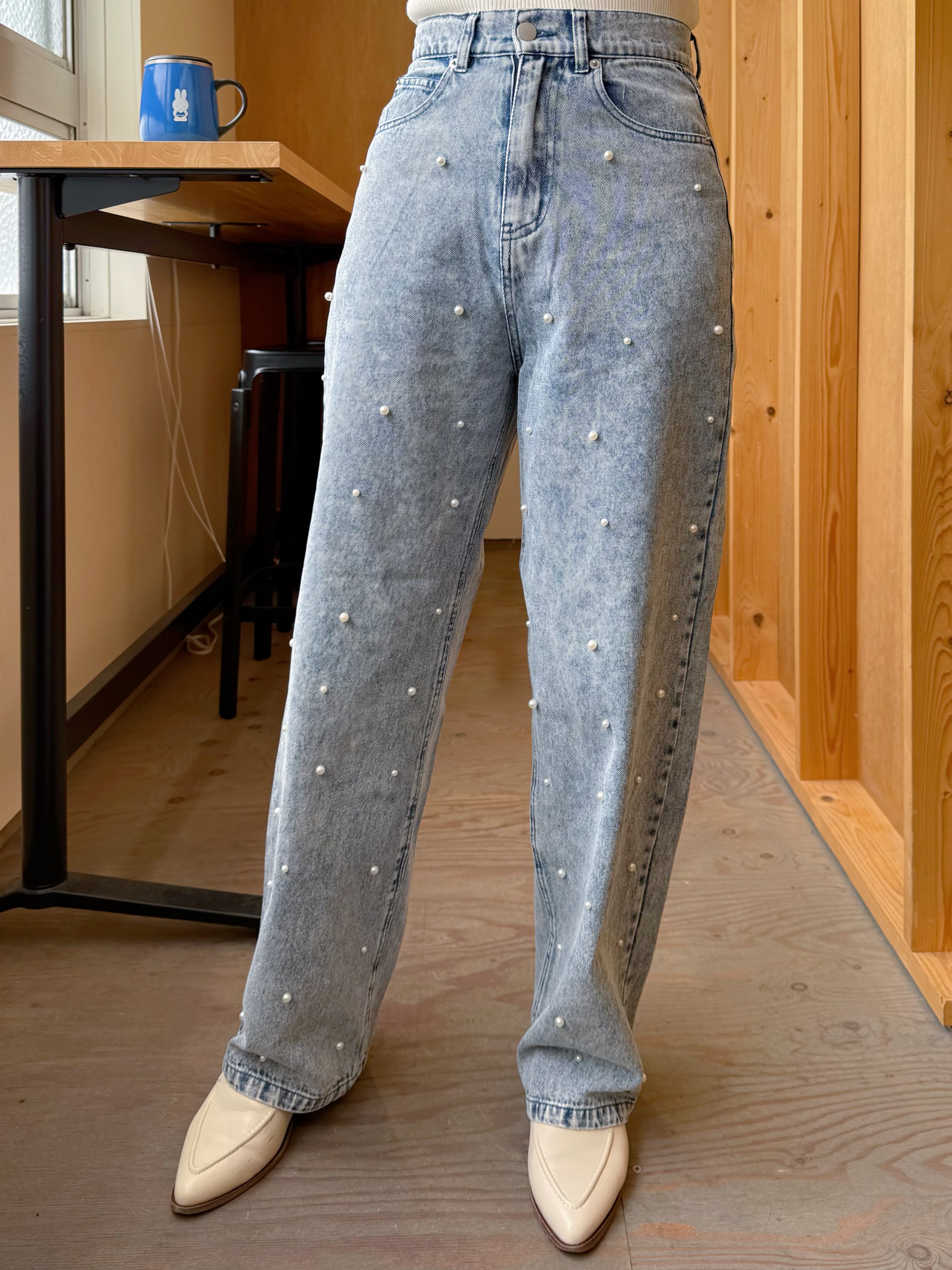 2色•珍珠闊腳牛白褲