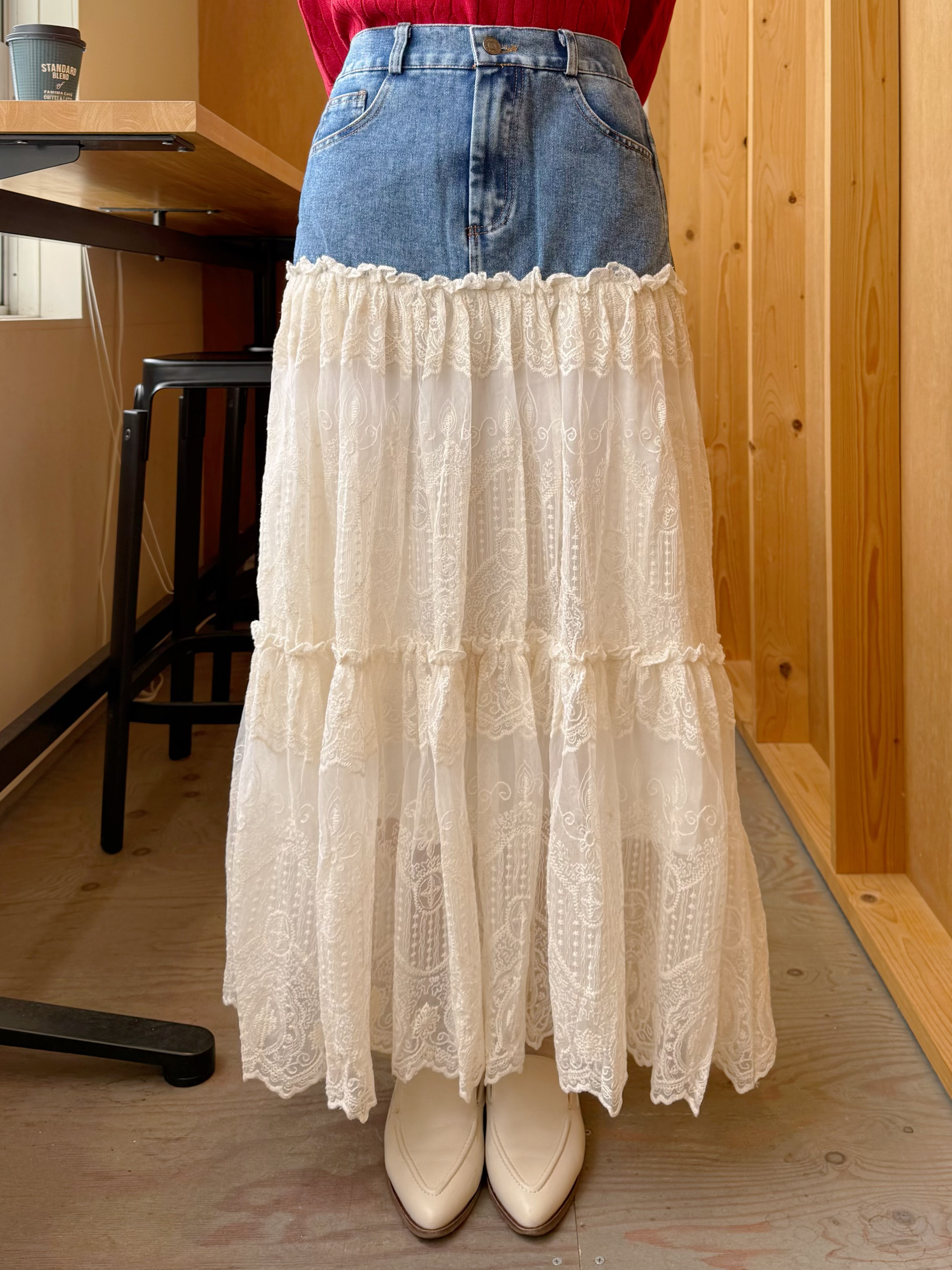 牛仔拼蕾絲A line半身裙