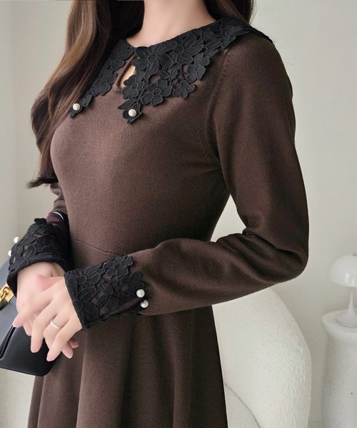3色・S-XL・珍珠蕾絲大翻領拼接袖口針織迷你連身裙