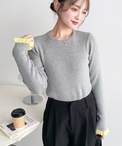 10色•M-L•圓領透紗荷葉袖口羅紋針織上衣