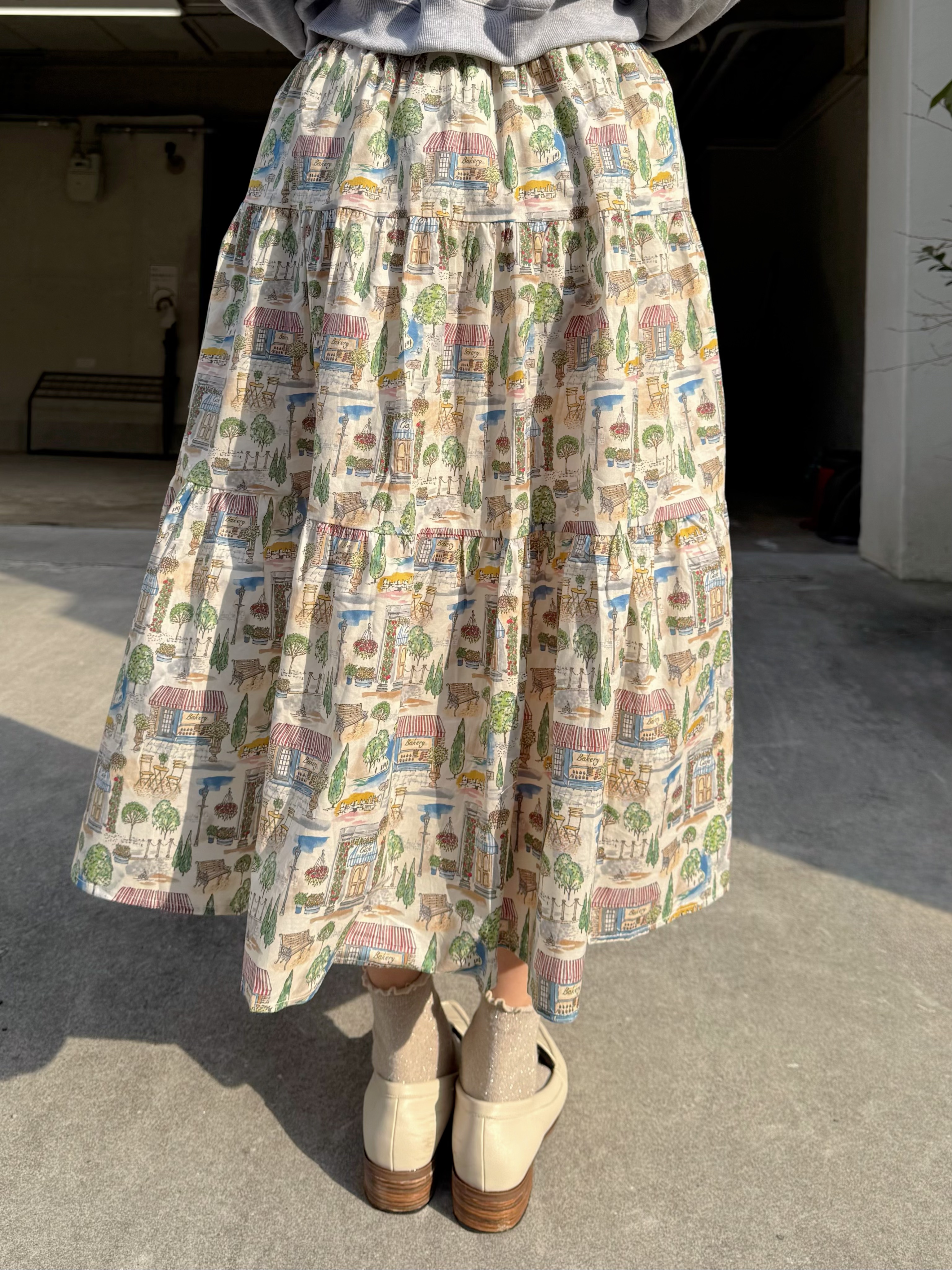 水彩風巴黎咖啡店印花綿質半身裙