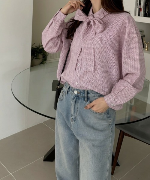 9色•Size F•領結短款泡泡袖襯衫（格紋/素色）