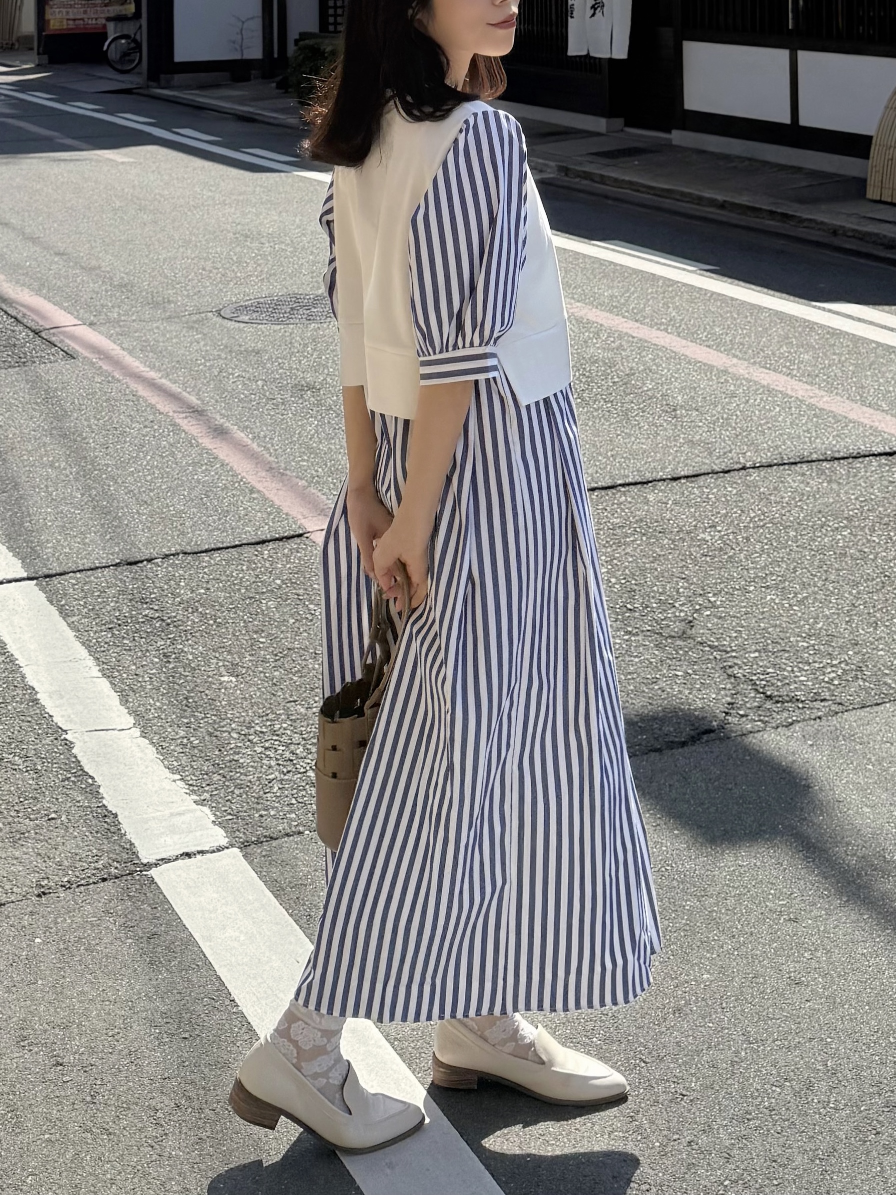 2色•5分袖直條紋拼色布連身裙