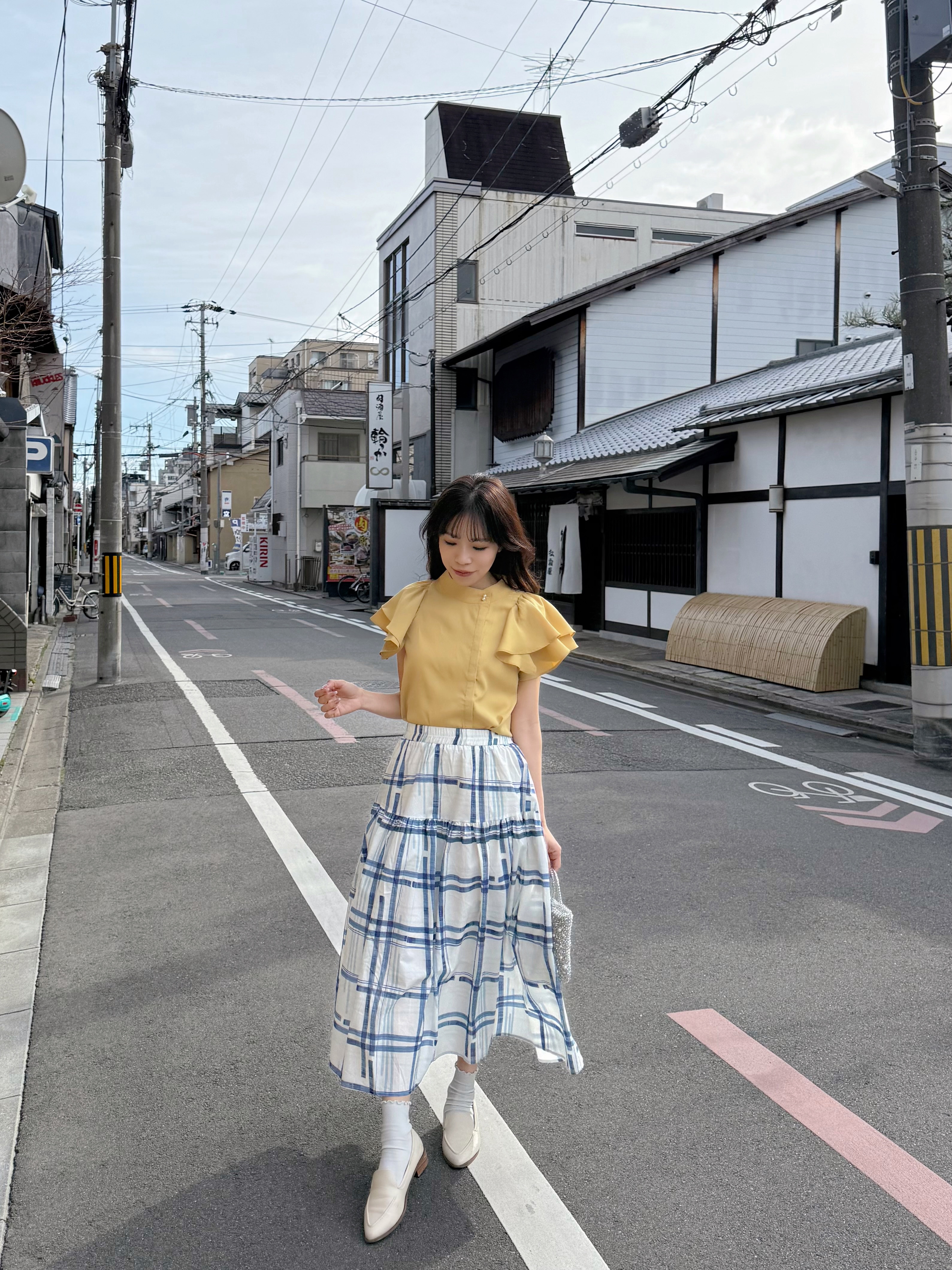 藍白格仔A line半身裙