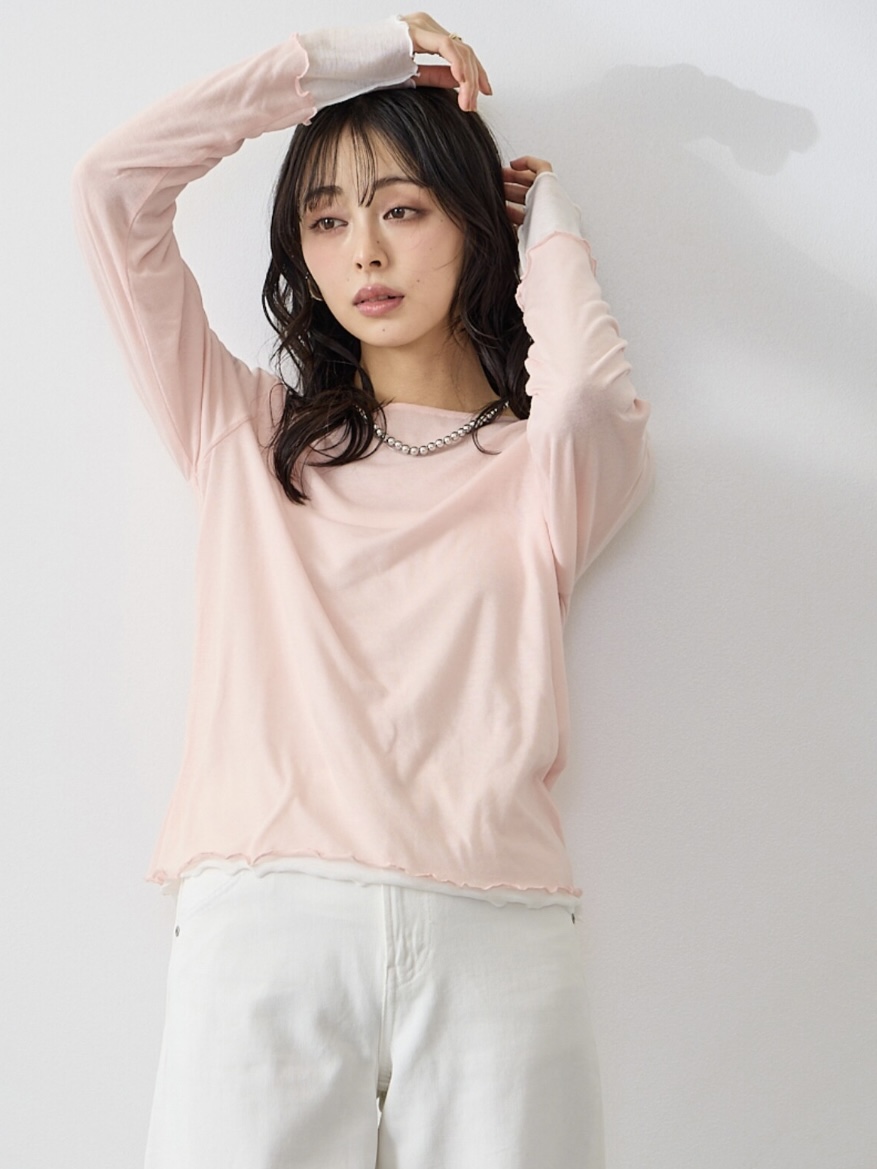 4色•假兩件拼色半透上衣