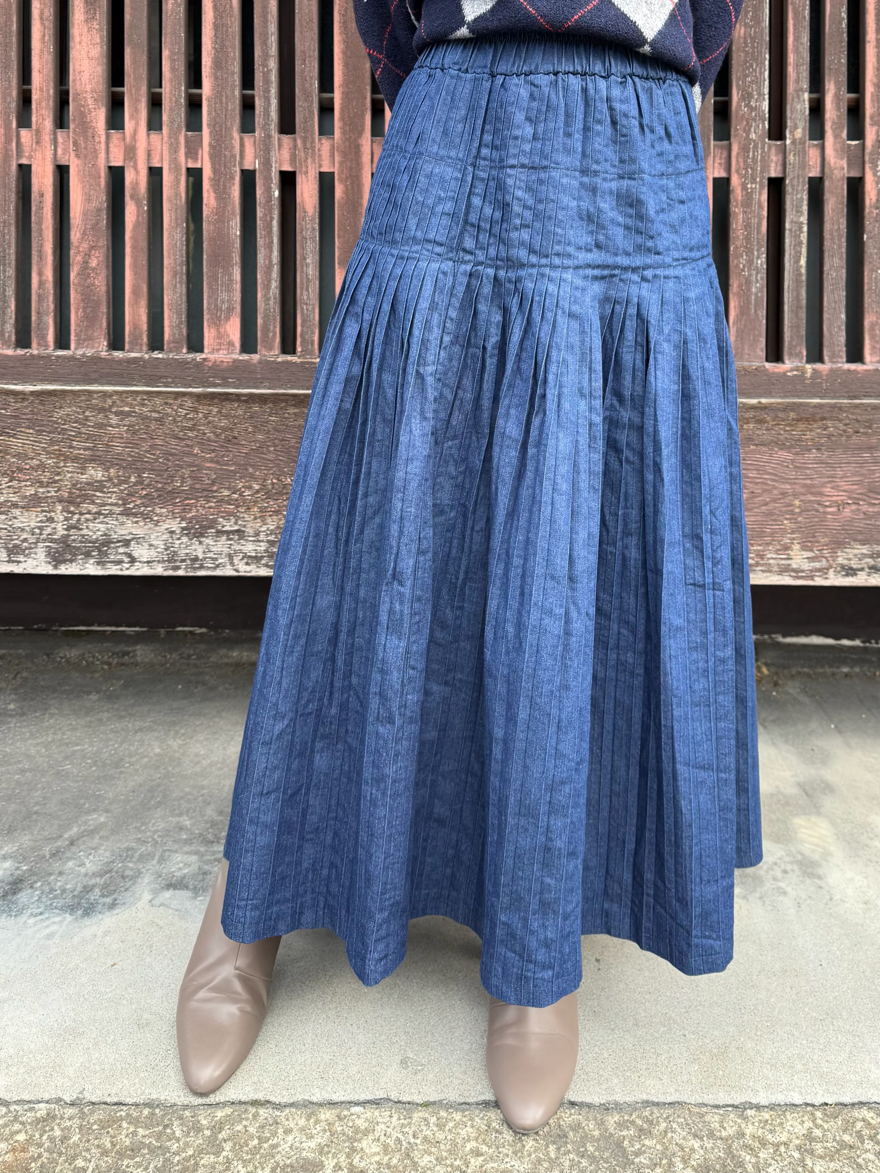 百褶牛仔長款半身裙