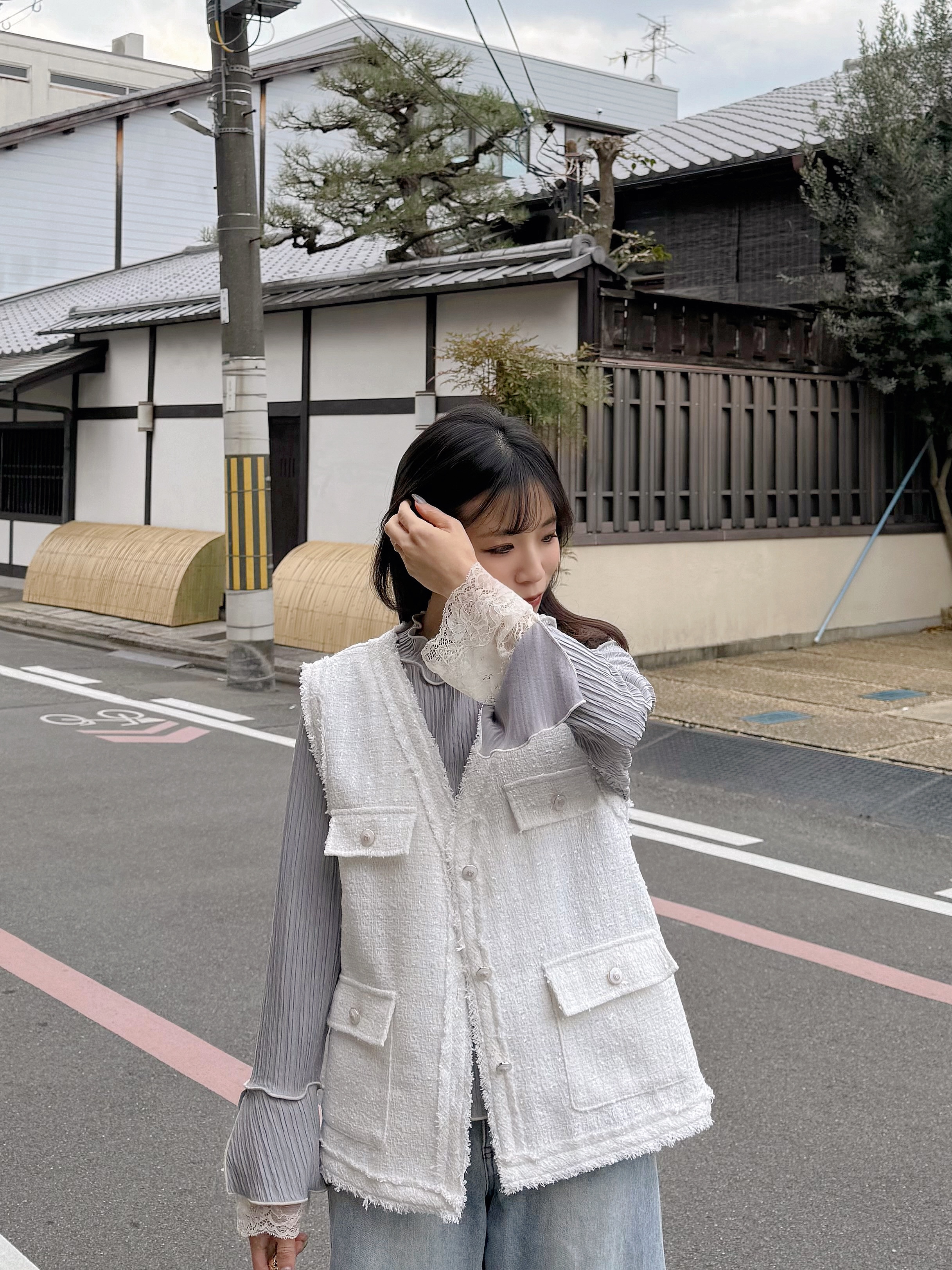 2色•銀絲Tweed流蘇邊背心外套