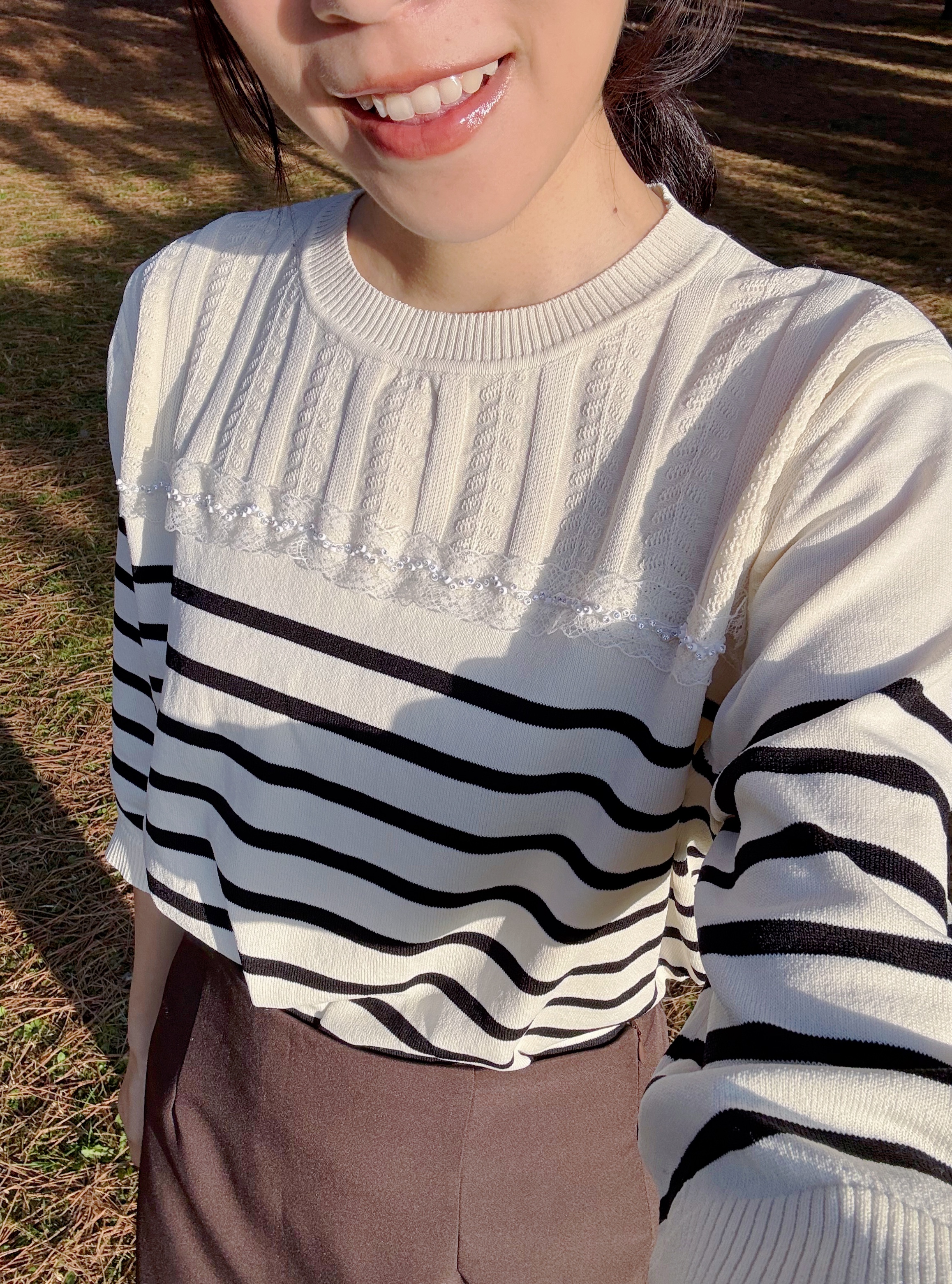 間條蕾絲邊7分袖薄款針織上衣