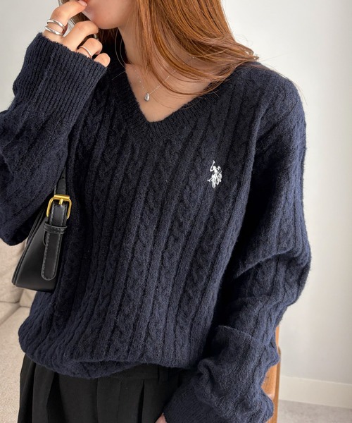 5色・M-LL・U.S. POLO ASSN. 刺繡V領麻花針織上衣