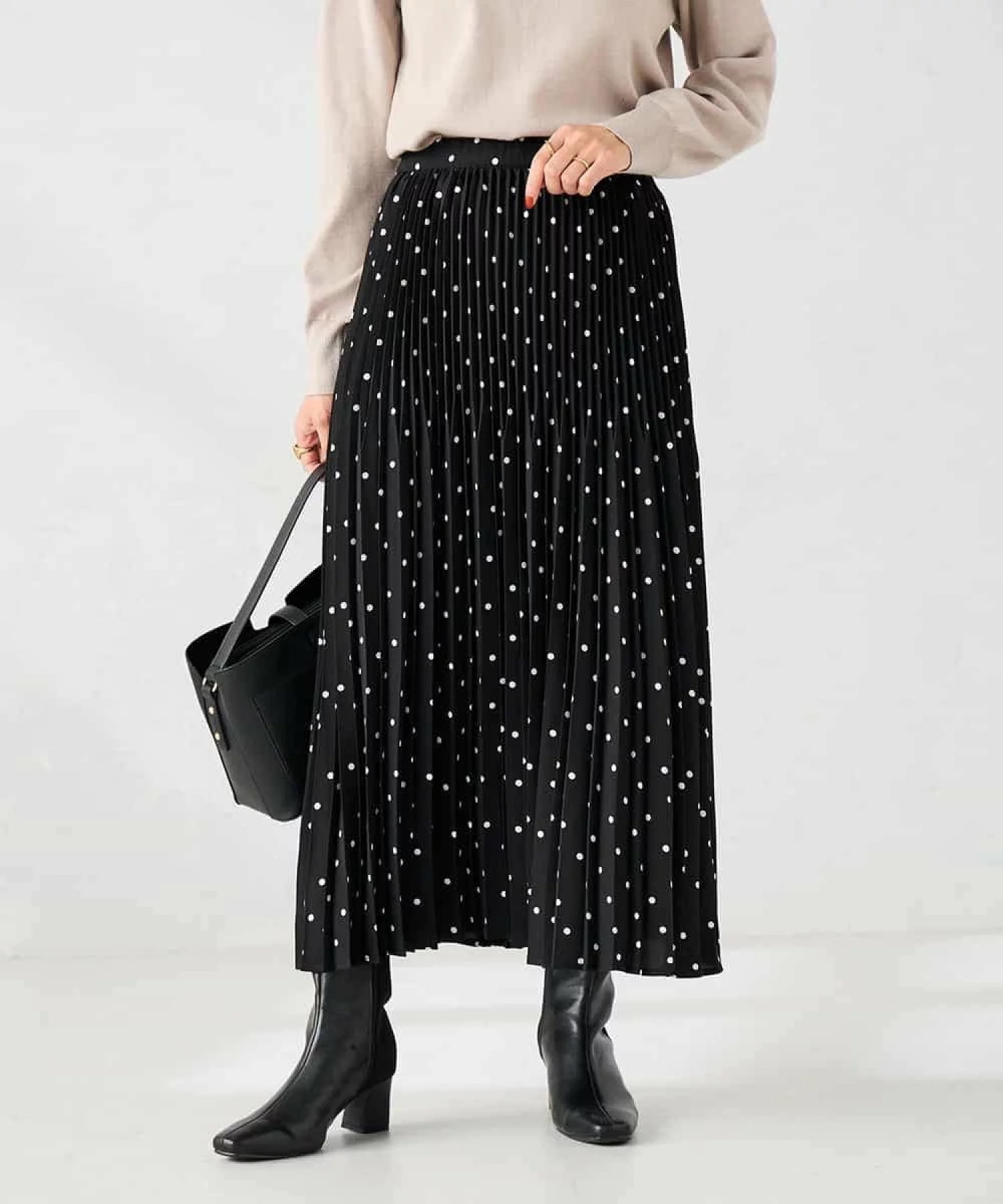 百褶波點雪紡長款半身裙