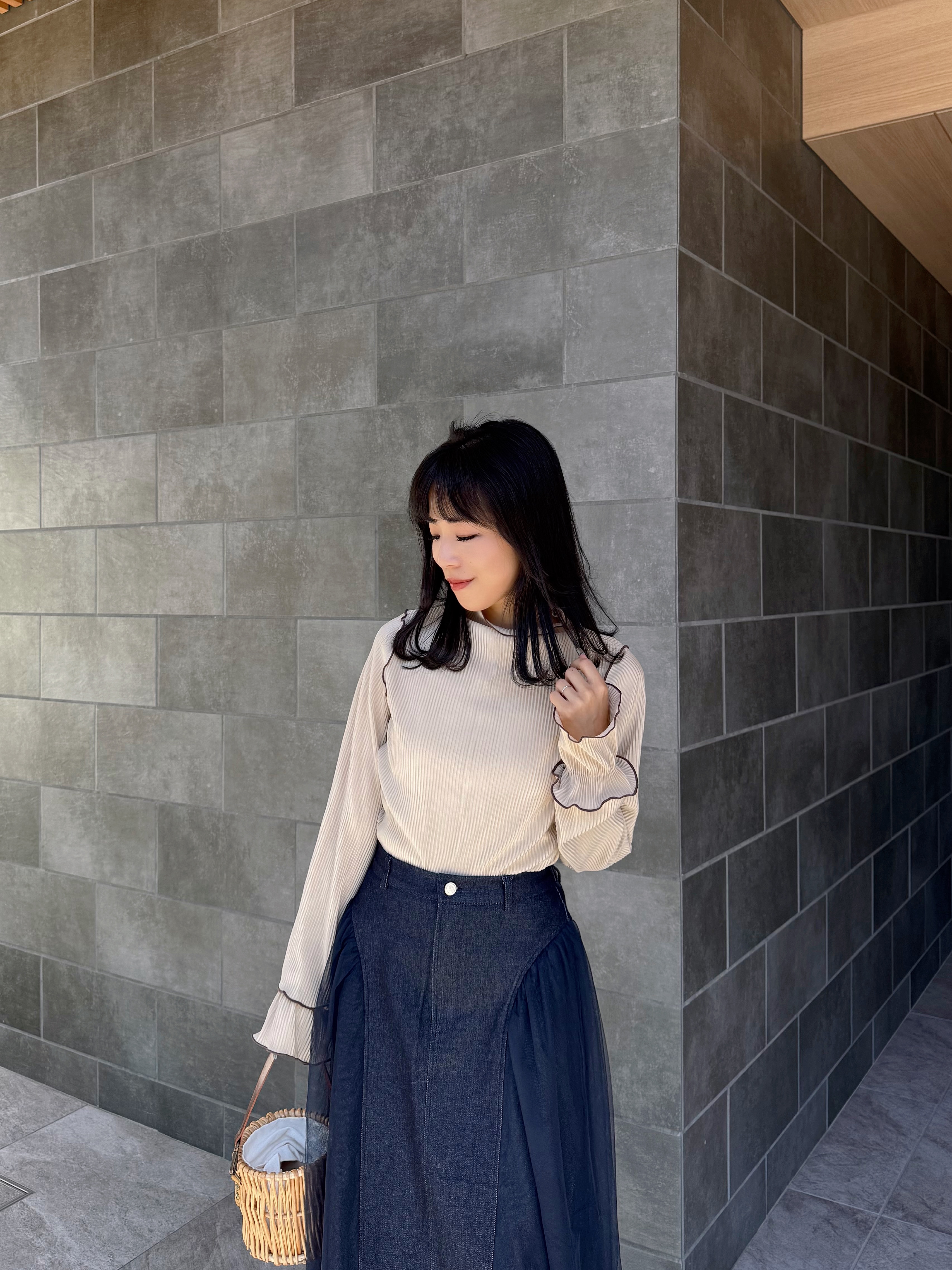 6色•2Way前後拼色百褶2層手袖上衣