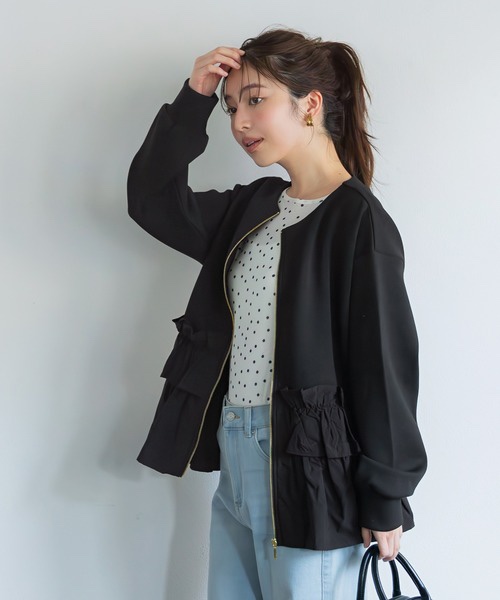 2色•拼接壓摺傘擺拉鍊外套