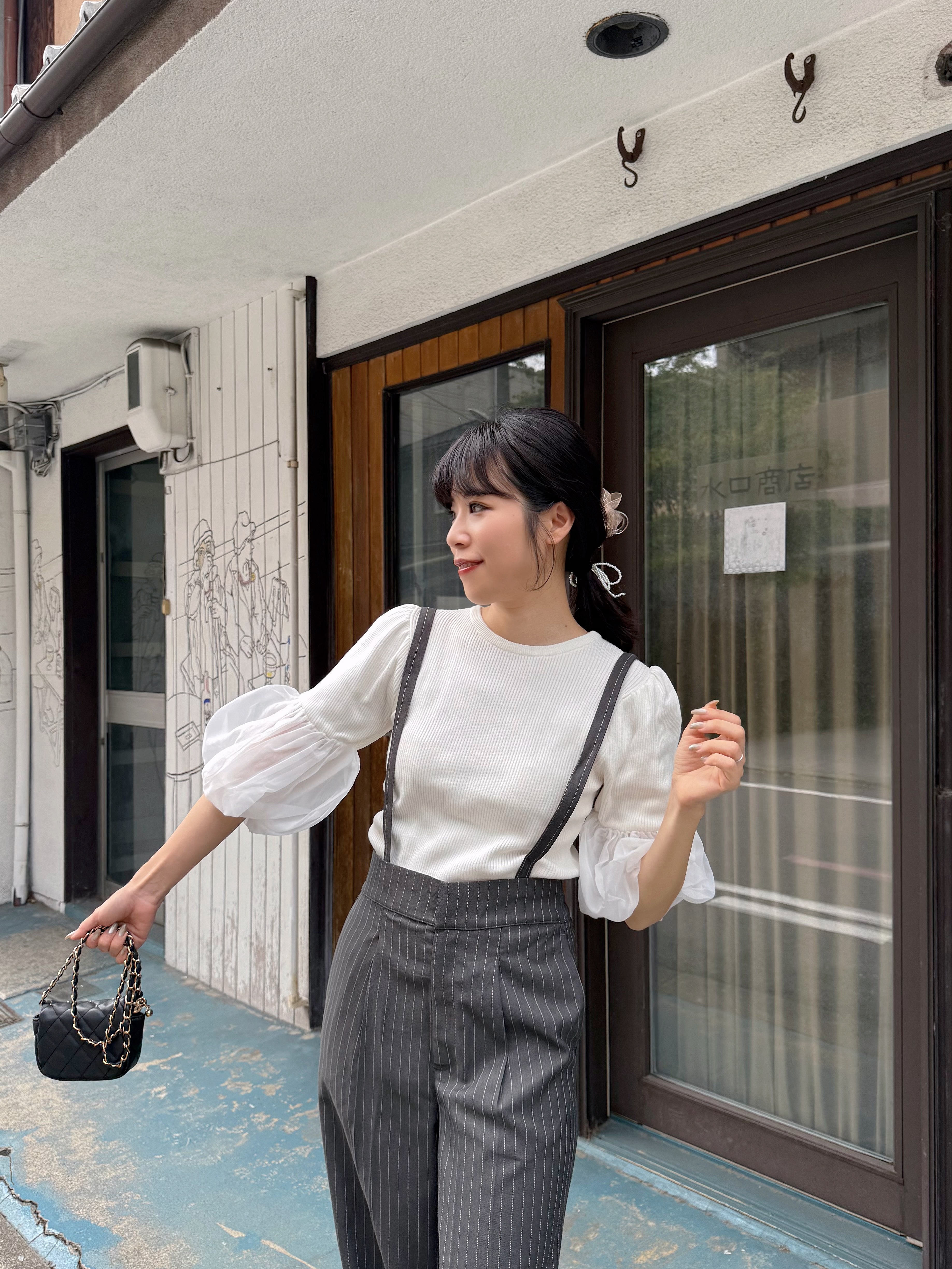 直條紋吊帶長褲