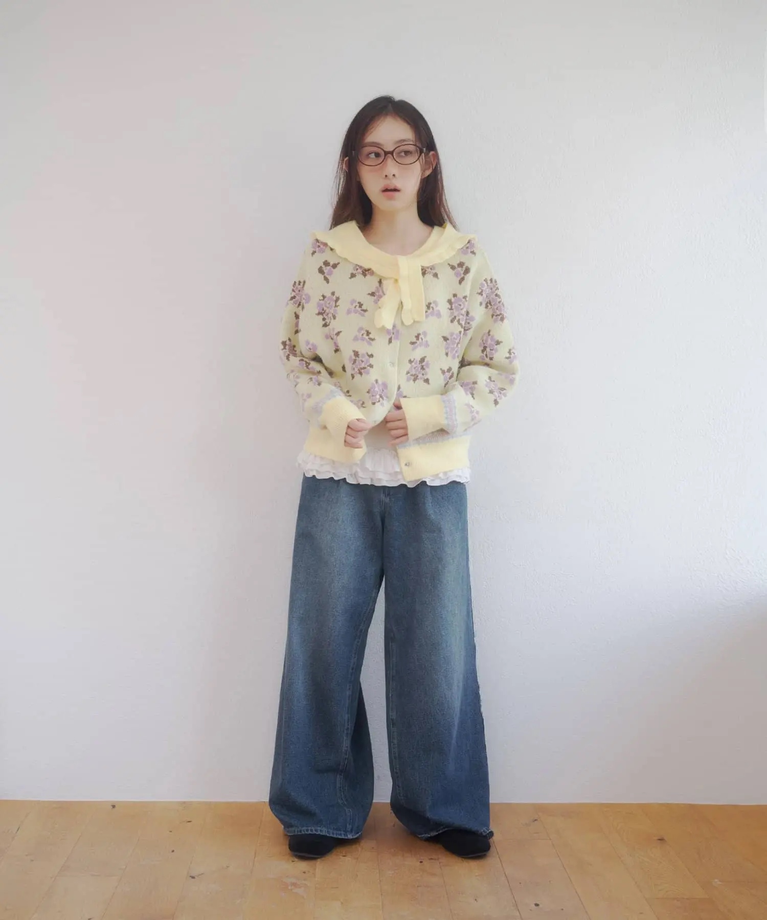 3色•Size F•附圍巾花柄針織外套