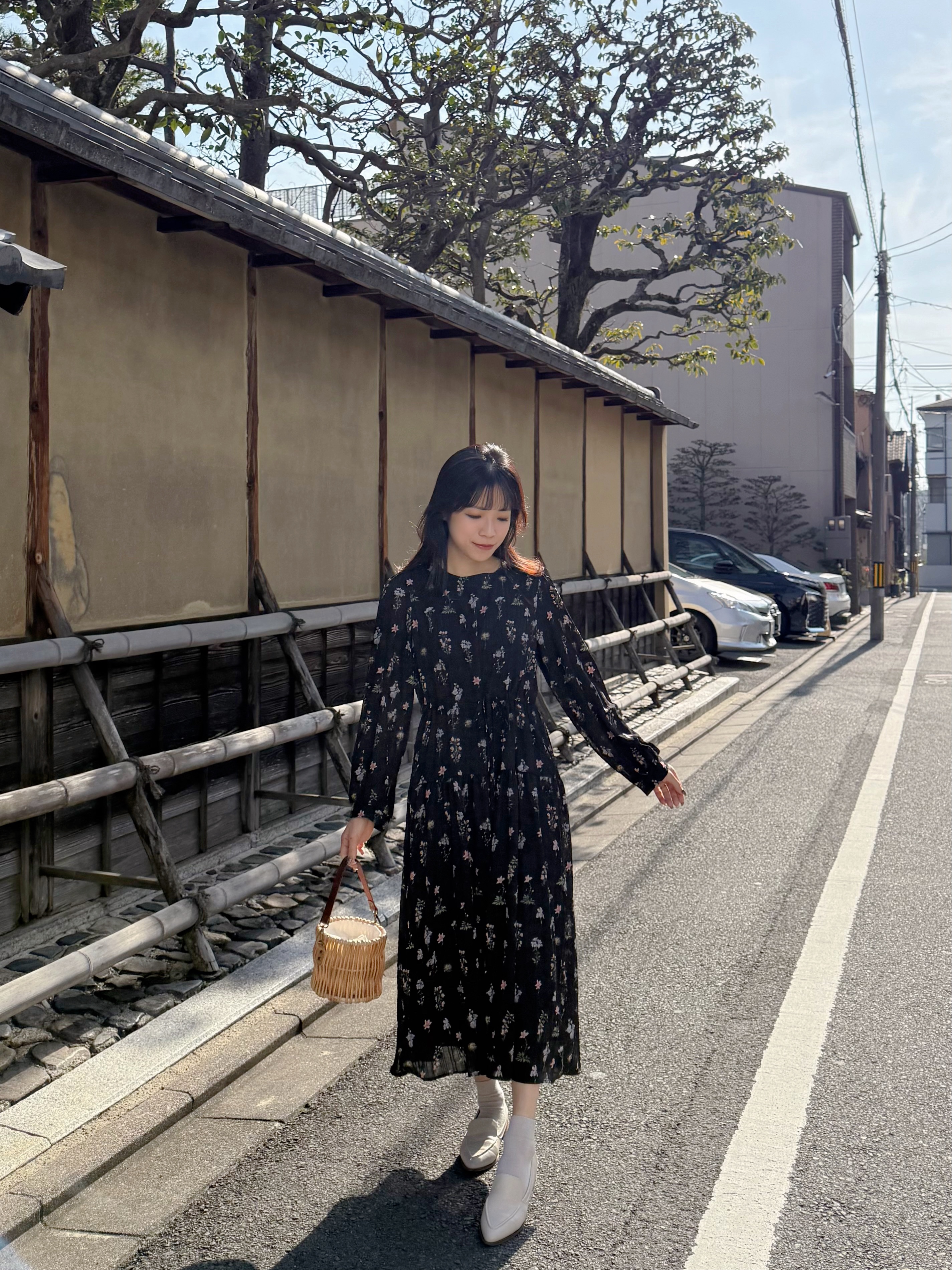 印花圖案索繩腰帶雪紡連身裙