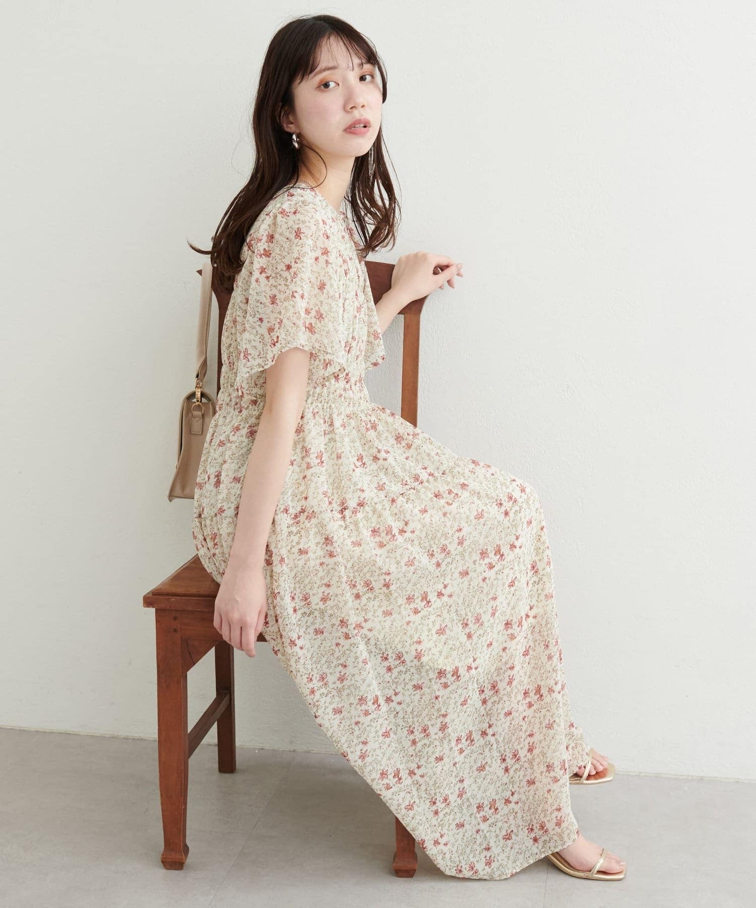 2Way前後傘袖碎花摺摺雪紡連身裙