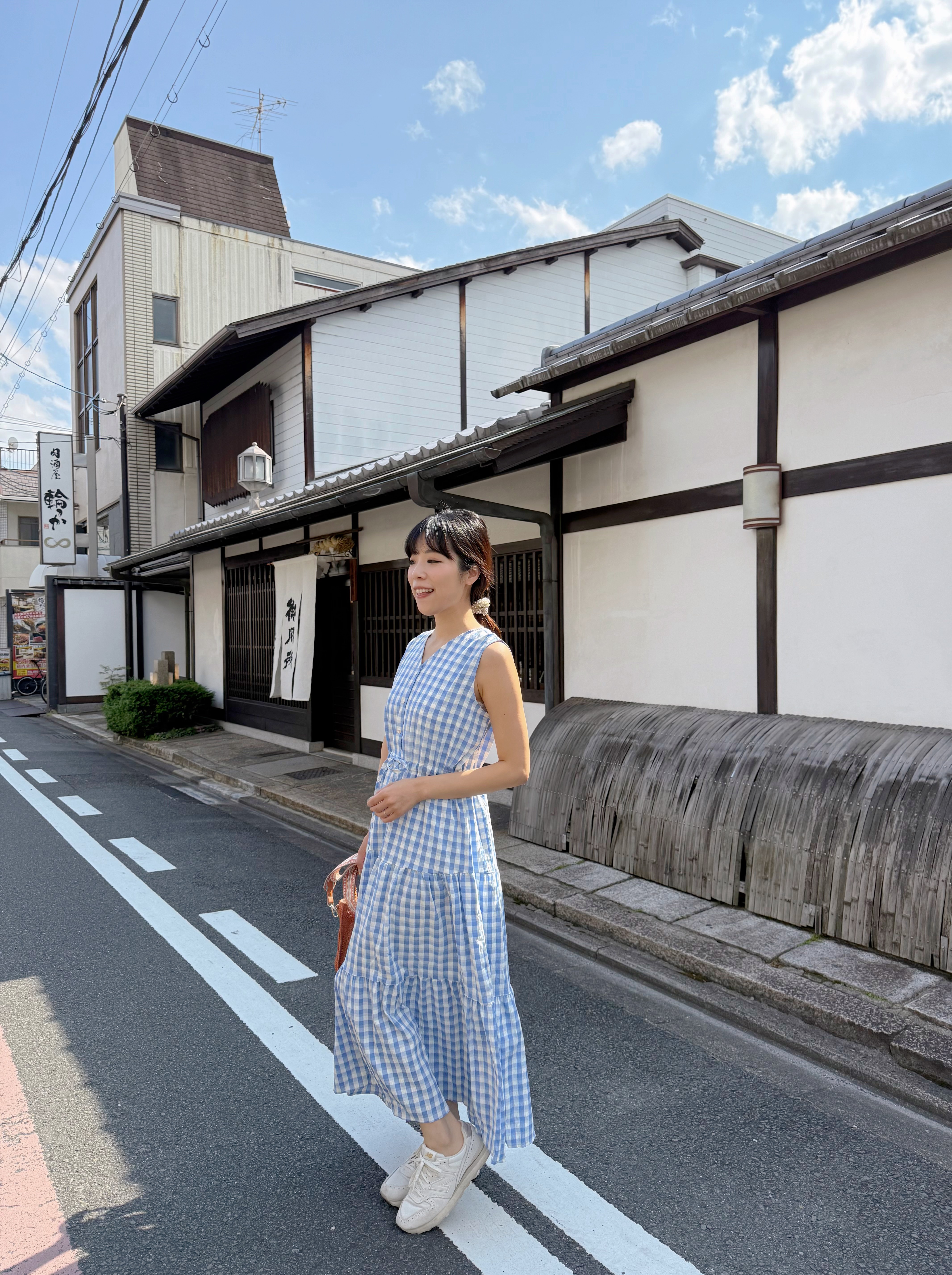 V領格仔背心雪紡連身裙