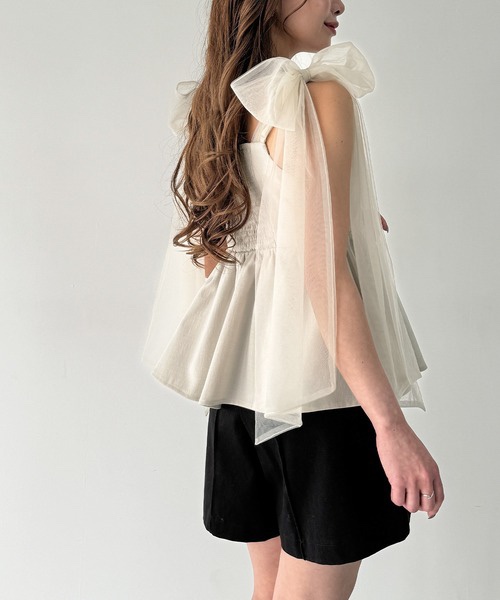 紗蝴蝶結肩帶背心