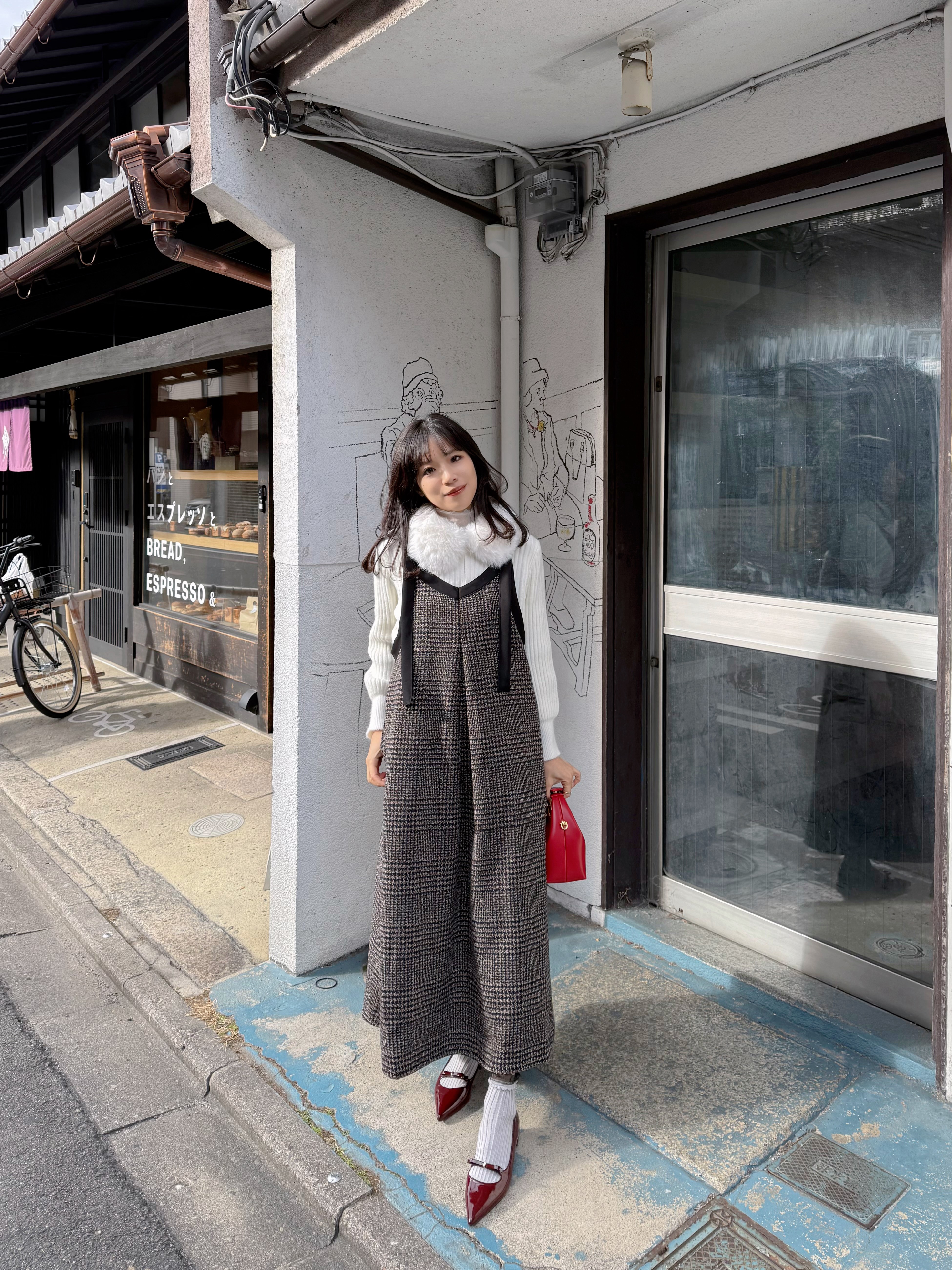 格仔吊帶薄絨有袋連身裙