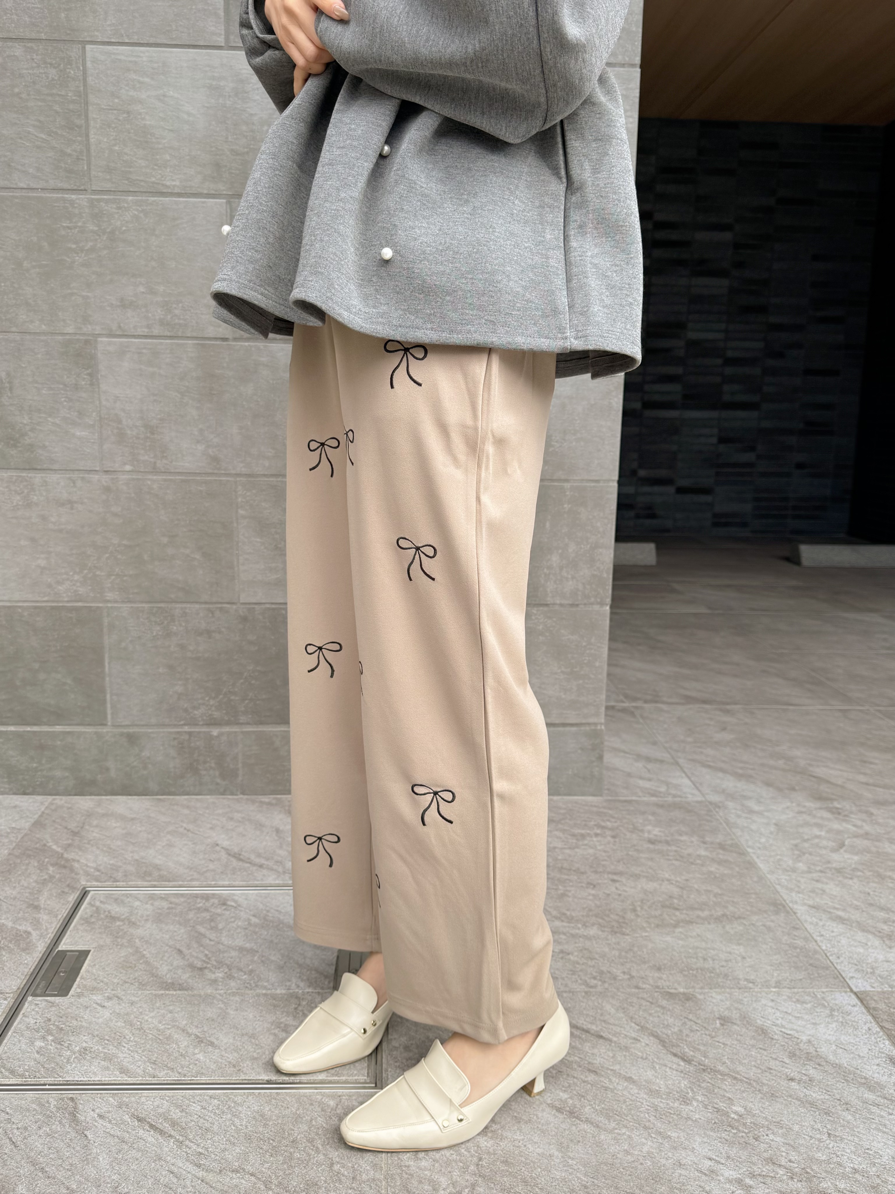 蝴蝶結刺繡雪紡修腳長褲