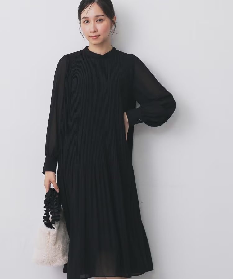 3色•百褶腰帶雪紡連身裙