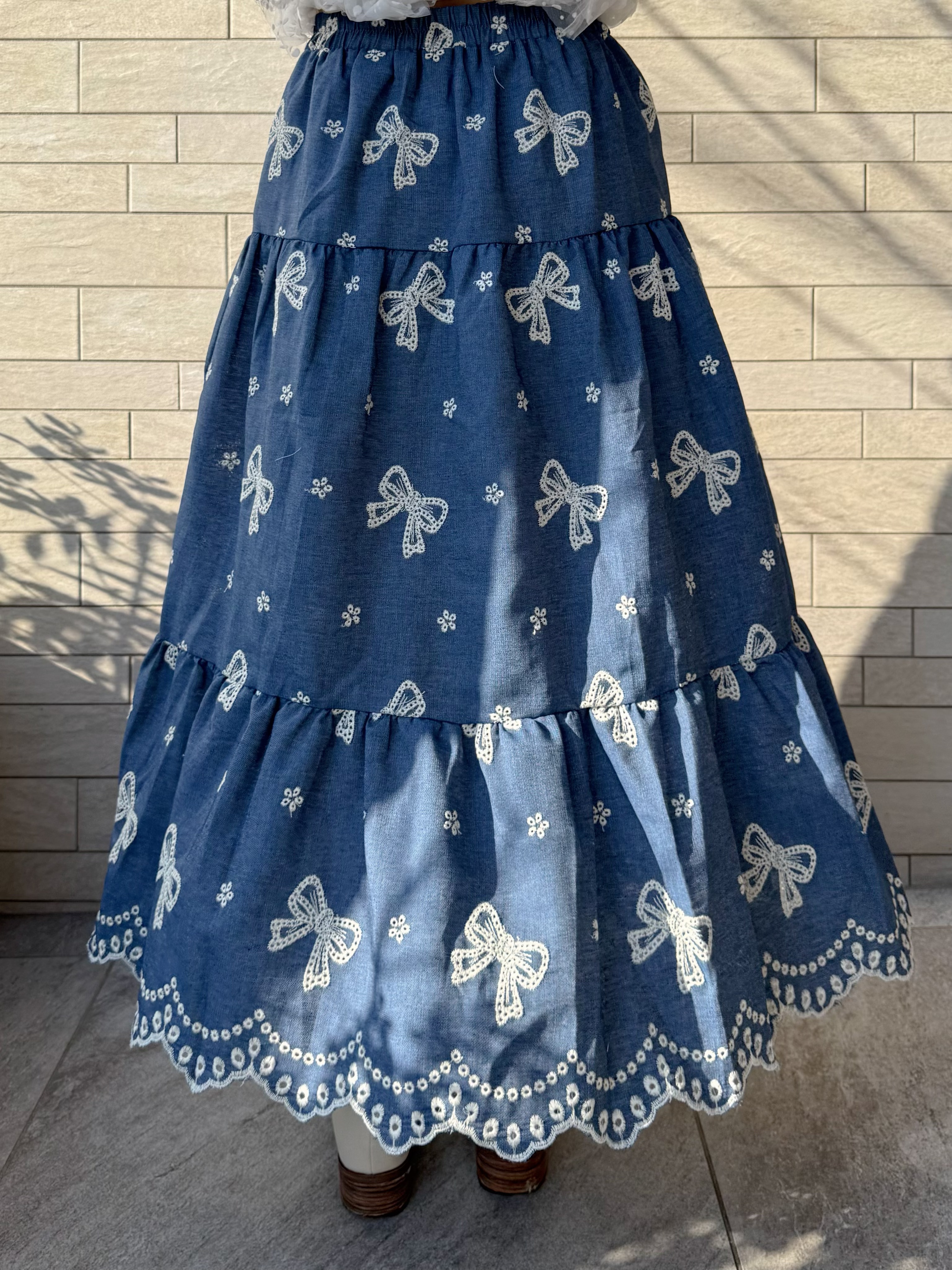 蝴蝶結刺繡綿質半身裙