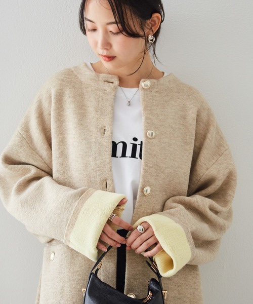 拼色金扣中長款針織外套