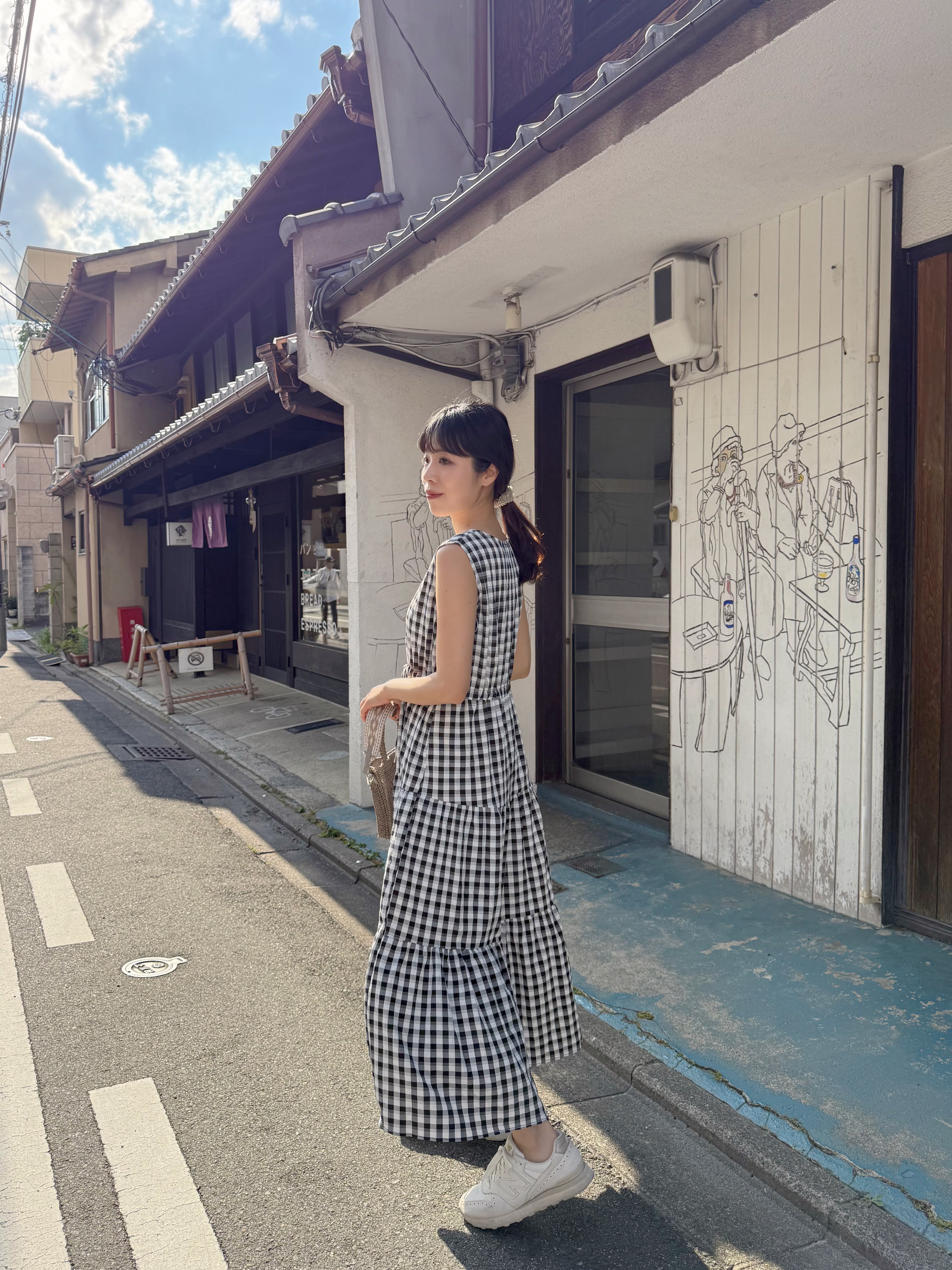 V領格仔背心雪紡連身裙