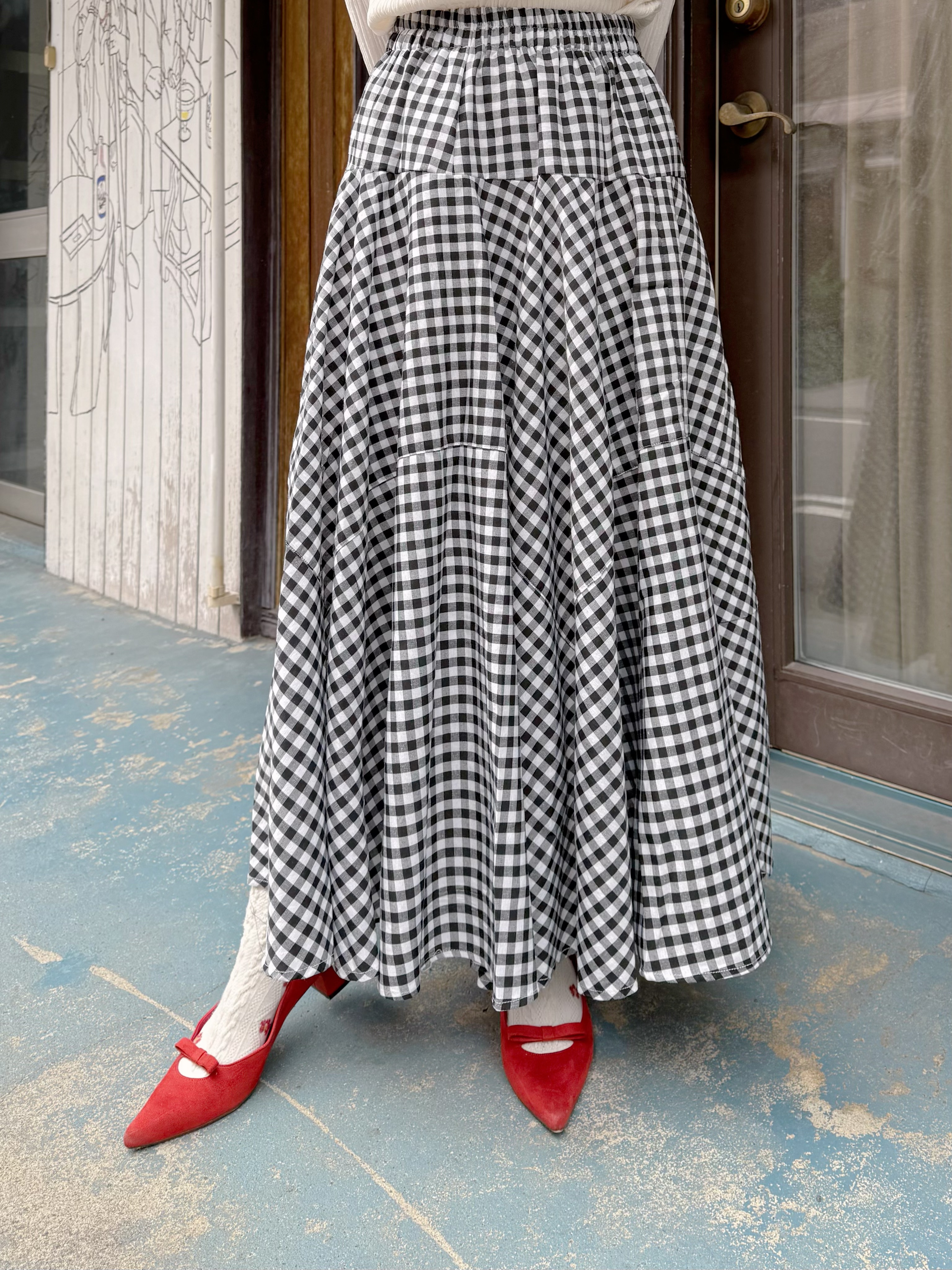 格仔不規則車線A line長款半身裙