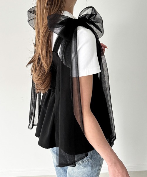 紗蝴蝶結肩帶背心