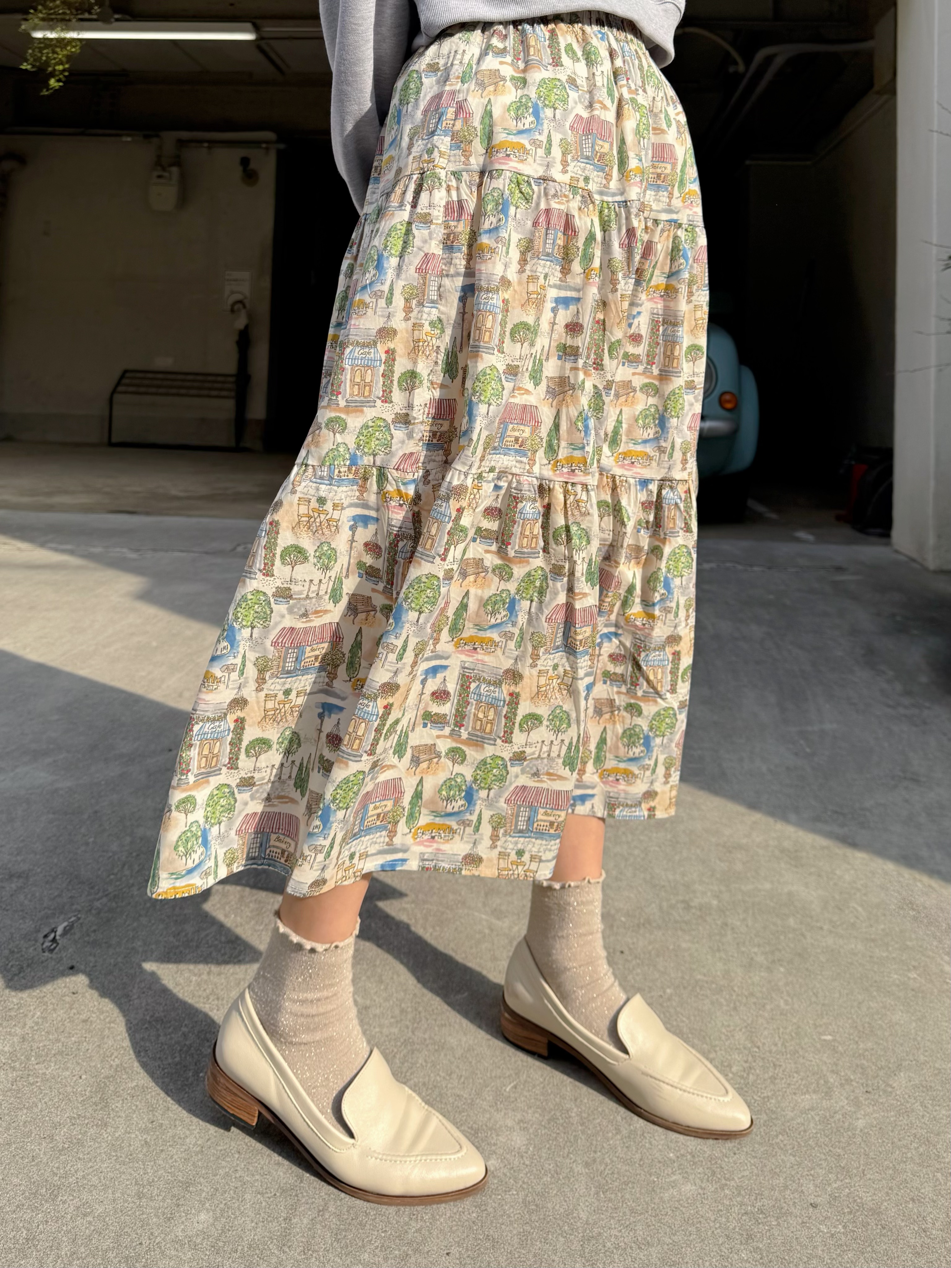 水彩風巴黎咖啡店印花綿質半身裙