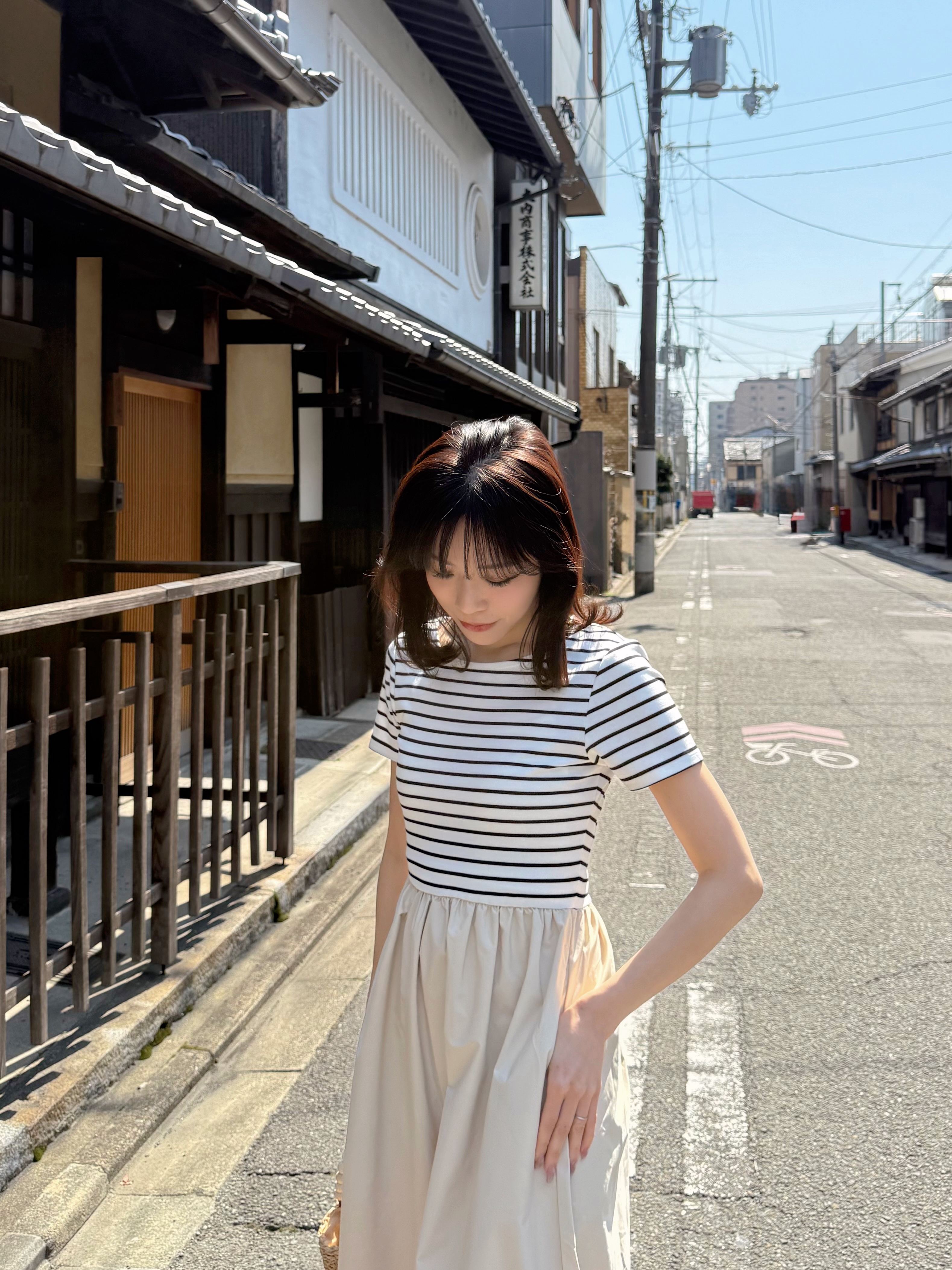 間條拼色修腰A line連身裙