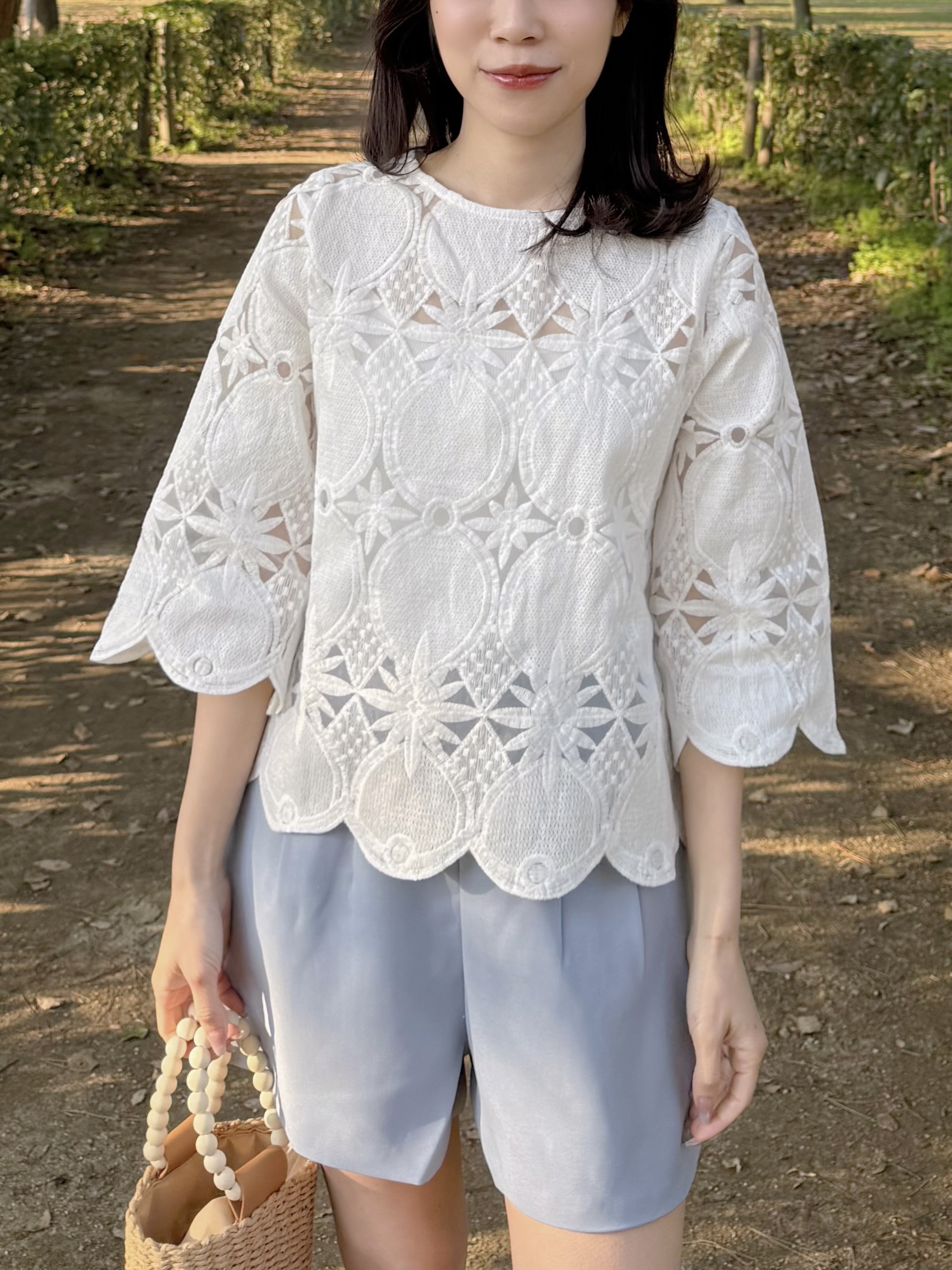 波浪圈圈形7分袖蕾絲上衣