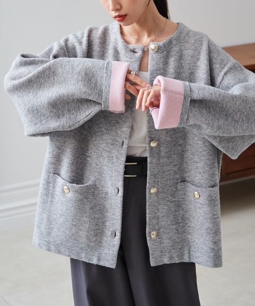 拼色金扣中長款針織外套
