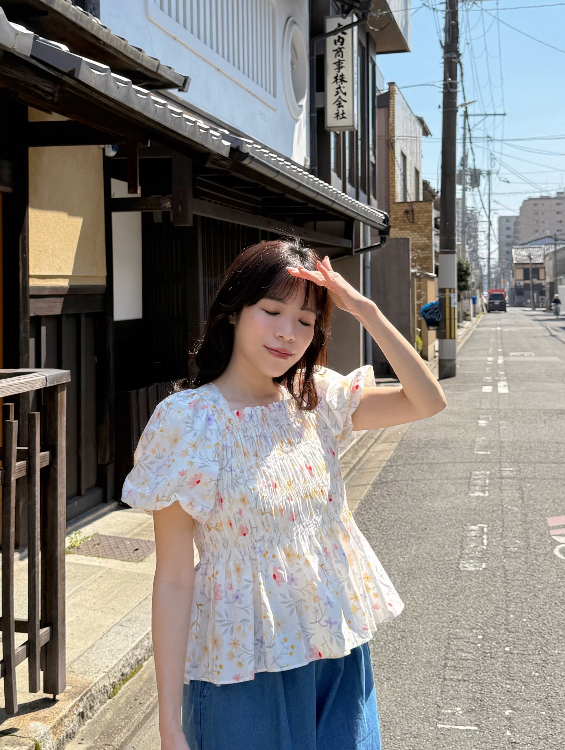 暖色系花柄方領摺摺全綿上衣