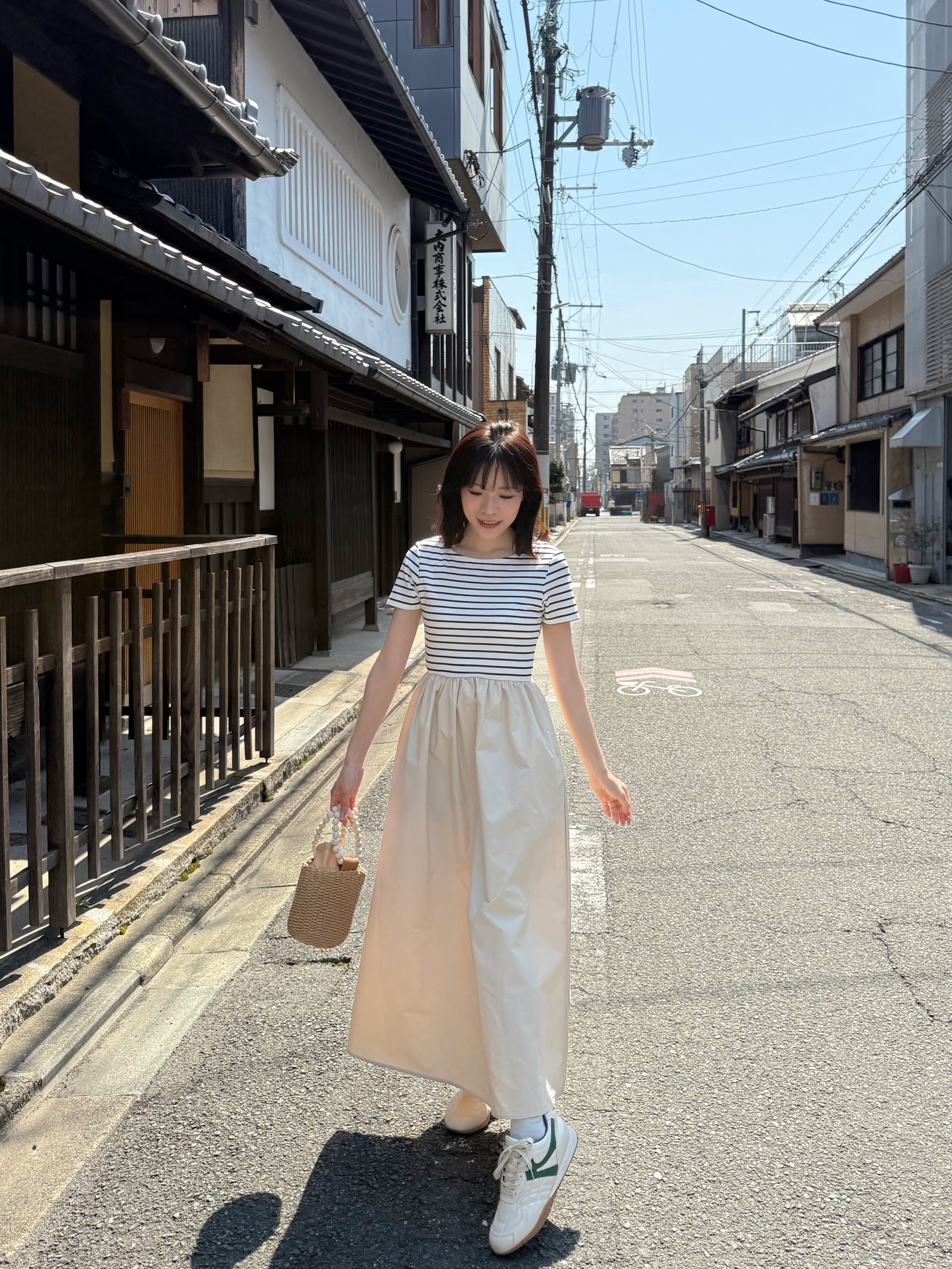 間條拼色修腰A line連身裙