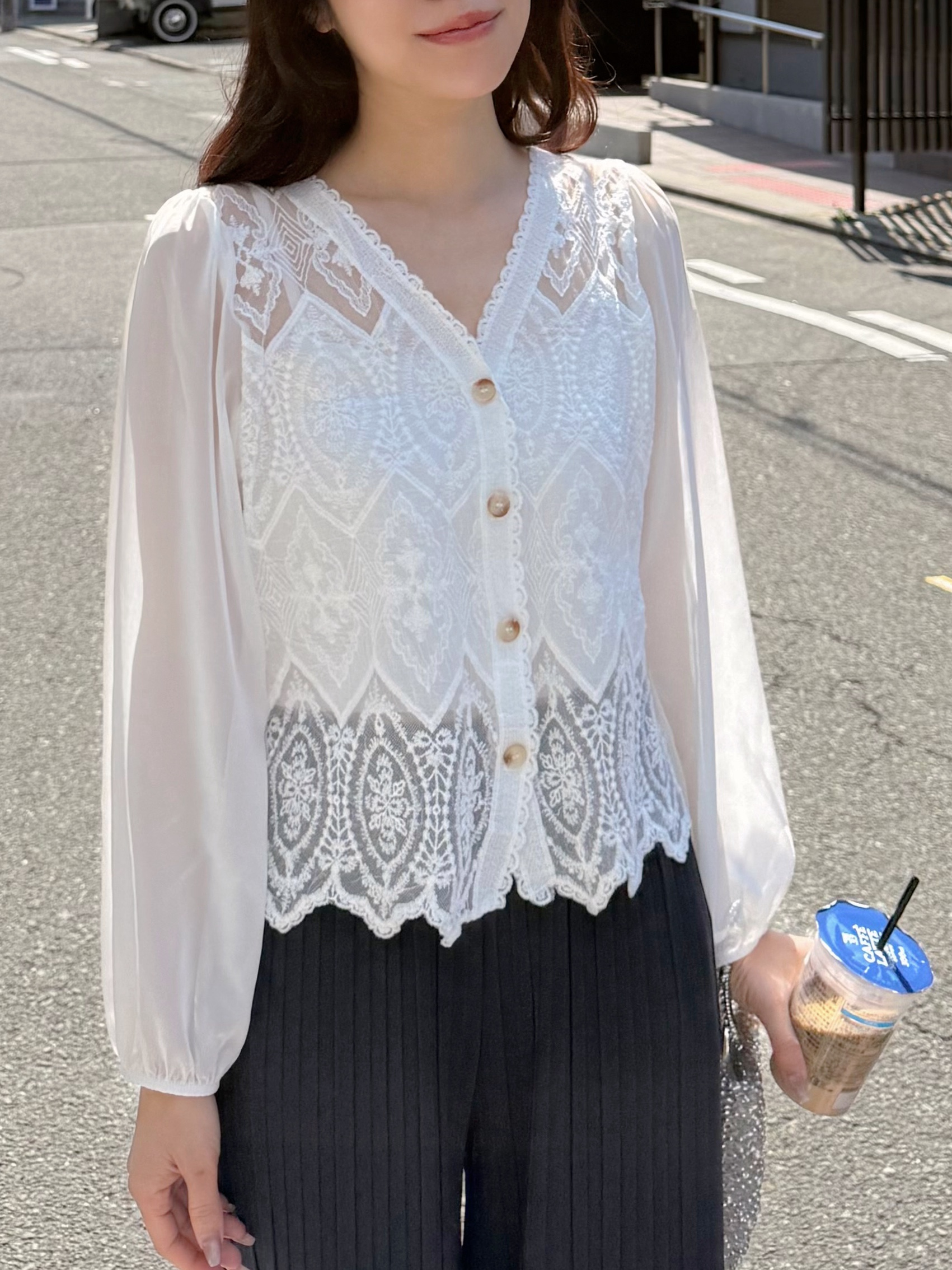 V領蕾絲雪紡袖外套上衣