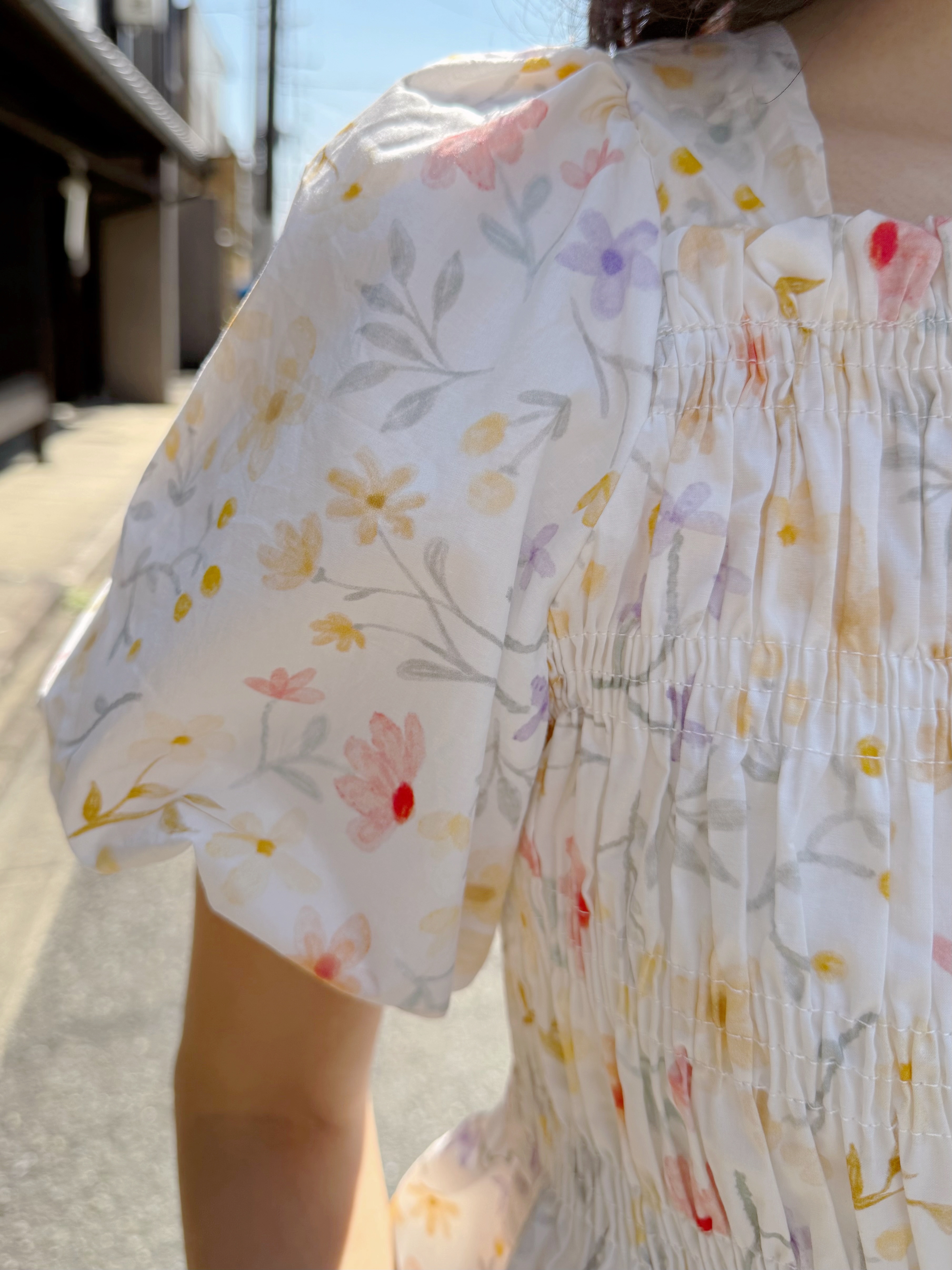 暖色系花柄方領摺摺全綿上衣