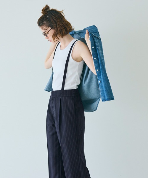 直條紋吊帶長褲