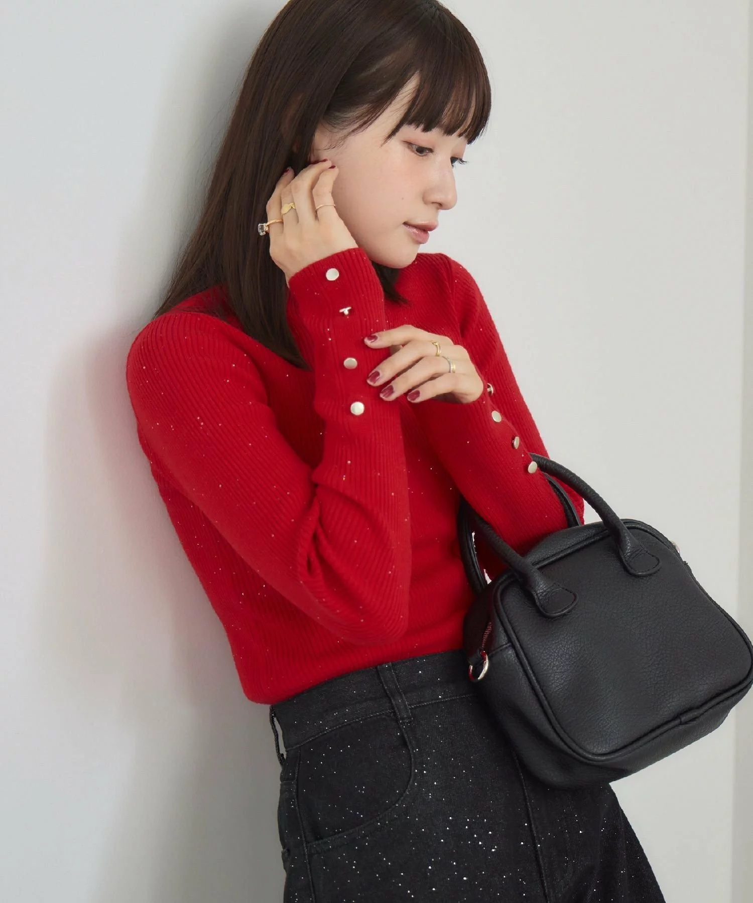 閃閃/ 淨色啞色扣閃閃企領針織