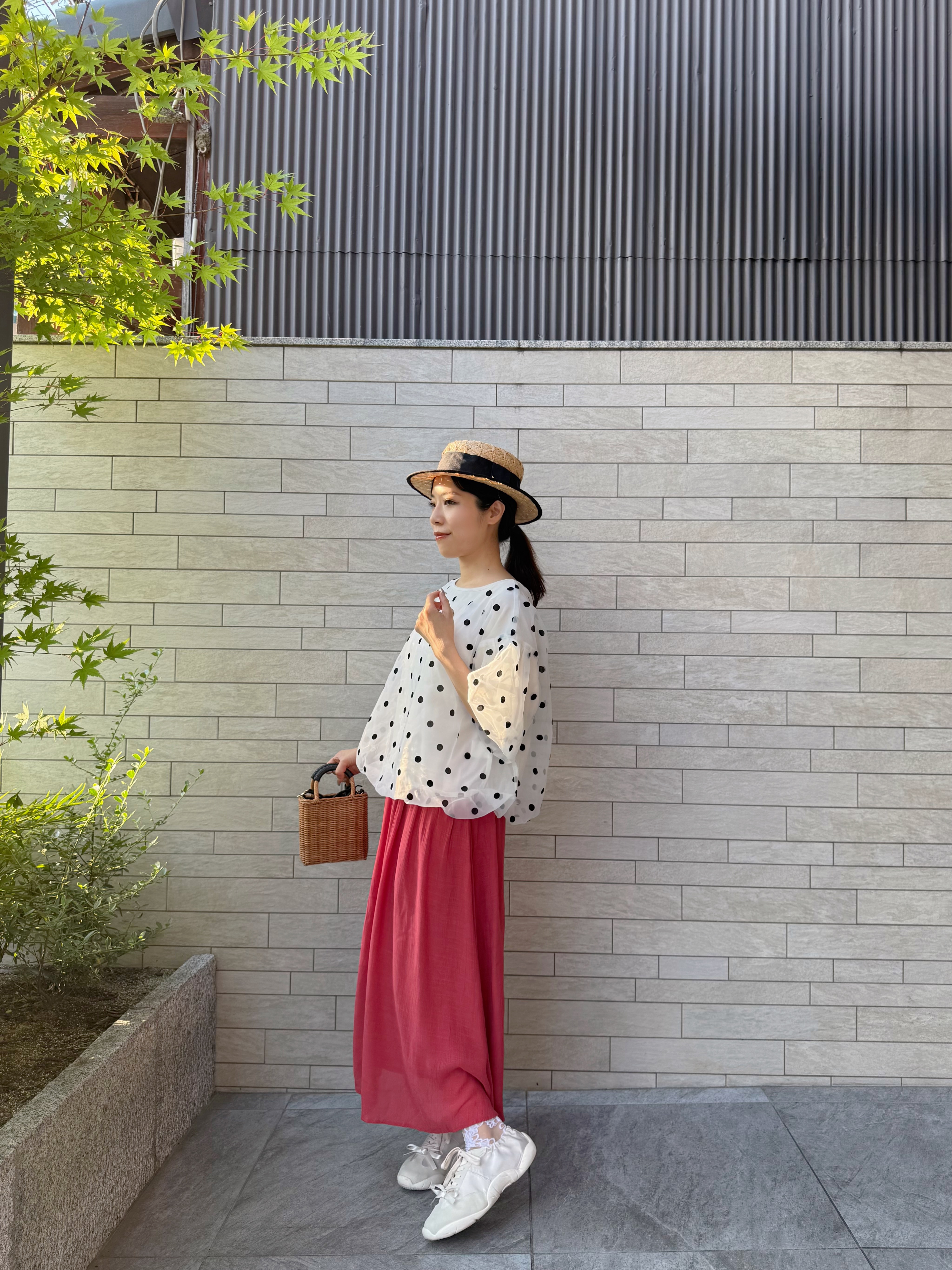 泡泡袖波點雪紡上衣