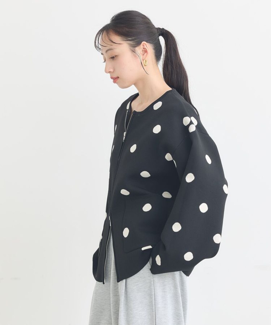 2色•波點防起毛粒針織拉鍊外套
