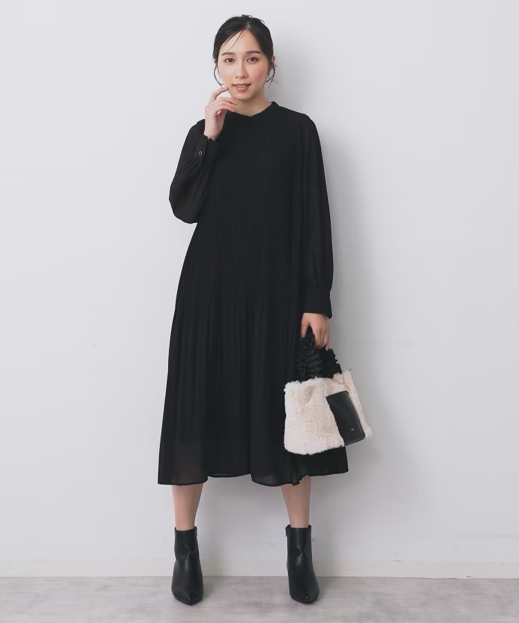 3色•百褶腰帶雪紡連身裙