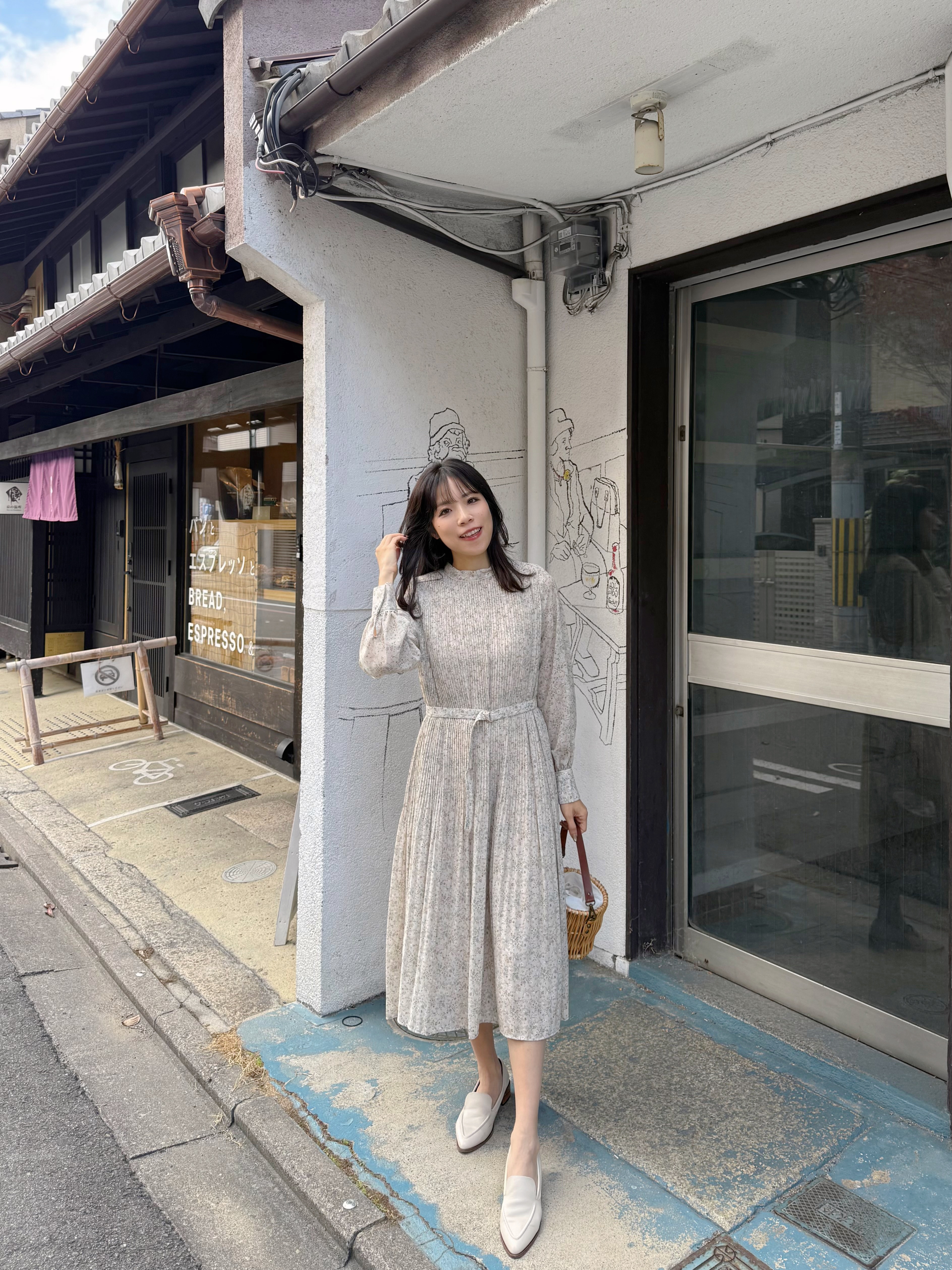 3色•百褶腰帶雪紡連身裙