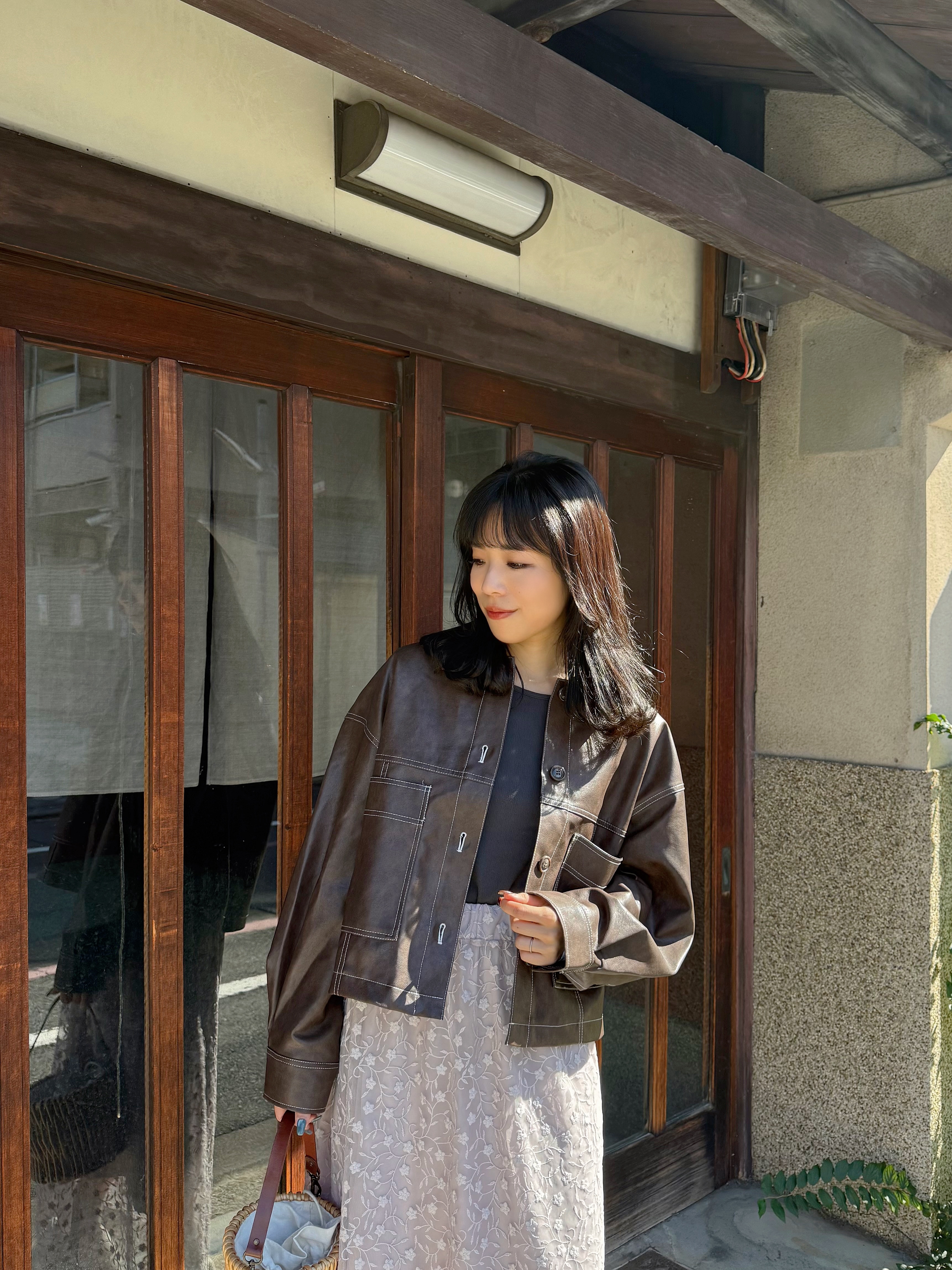 仿皮車線短款外套