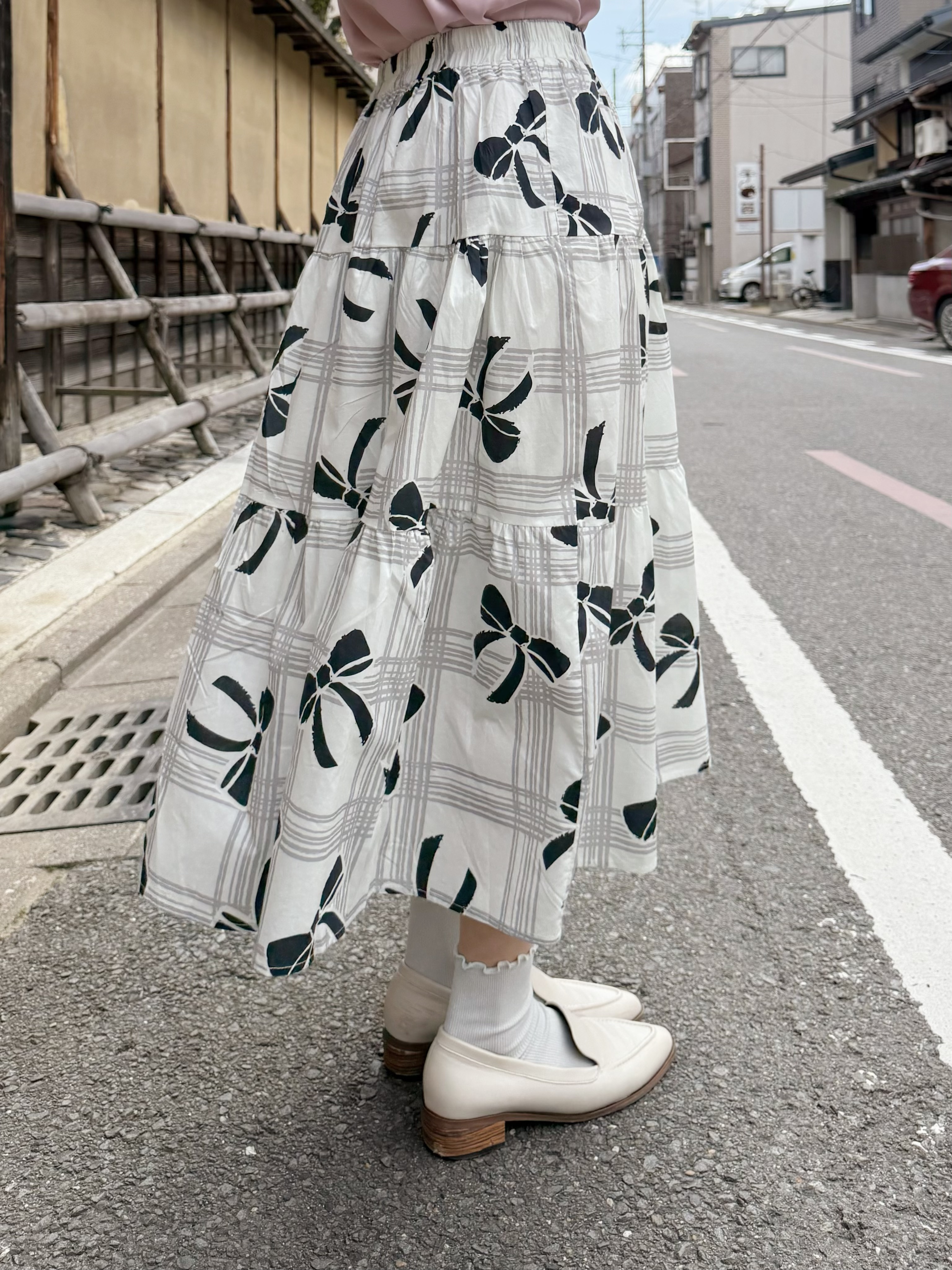 方格蝴蝶結印花半身裙