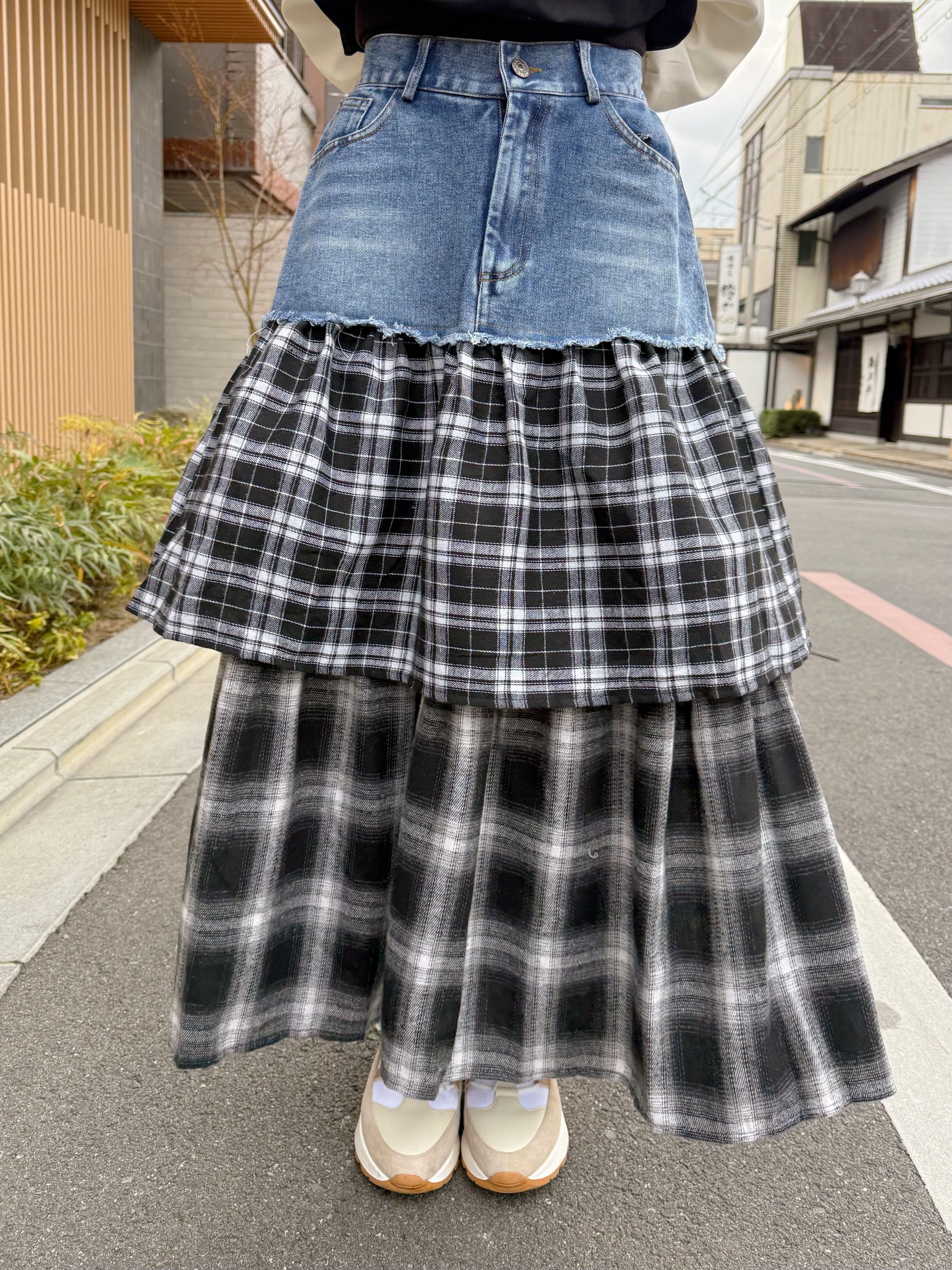 黑白格仔層次牛仔裙