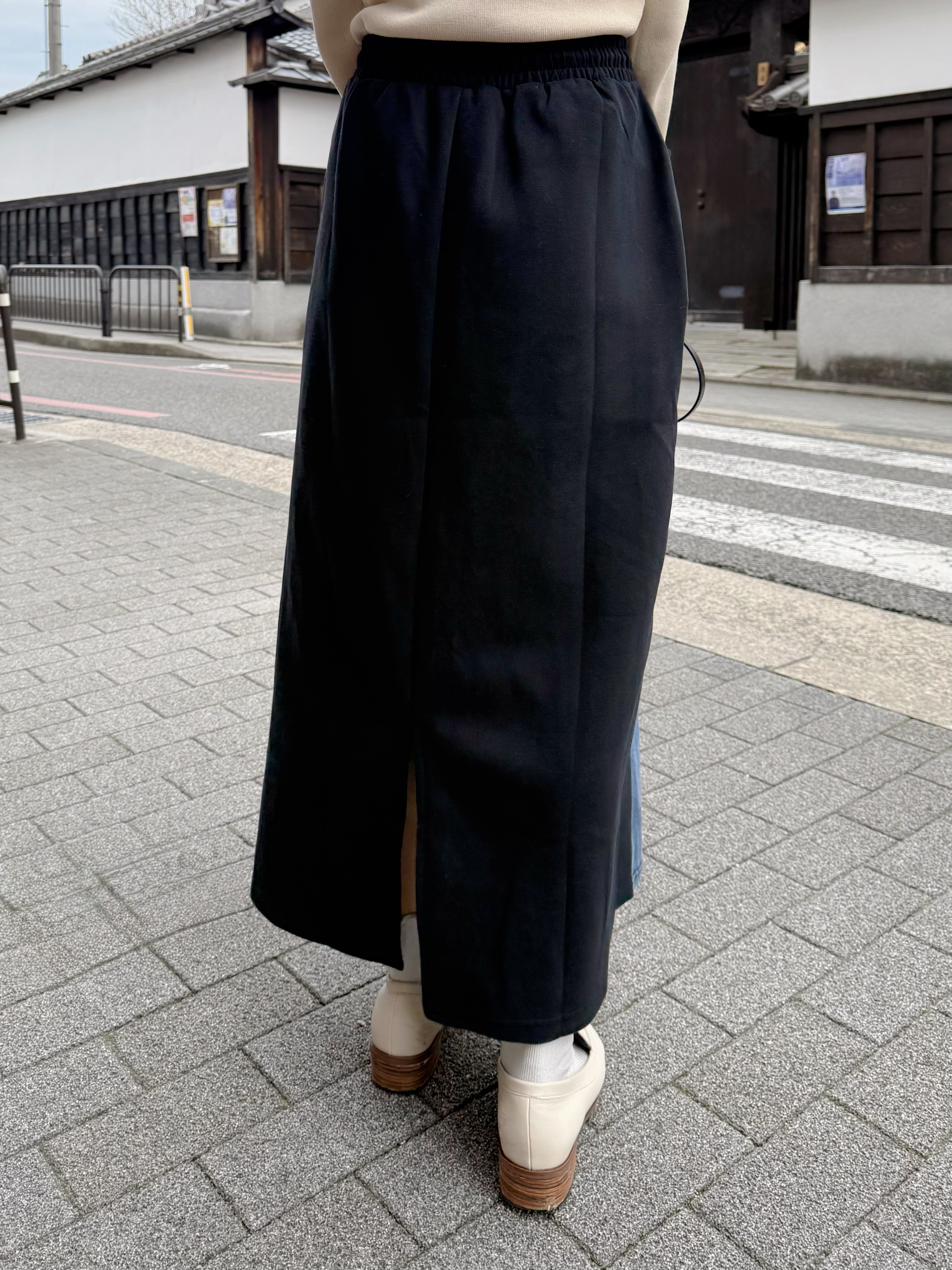 拼色橡筋腰有袋牛仔裙